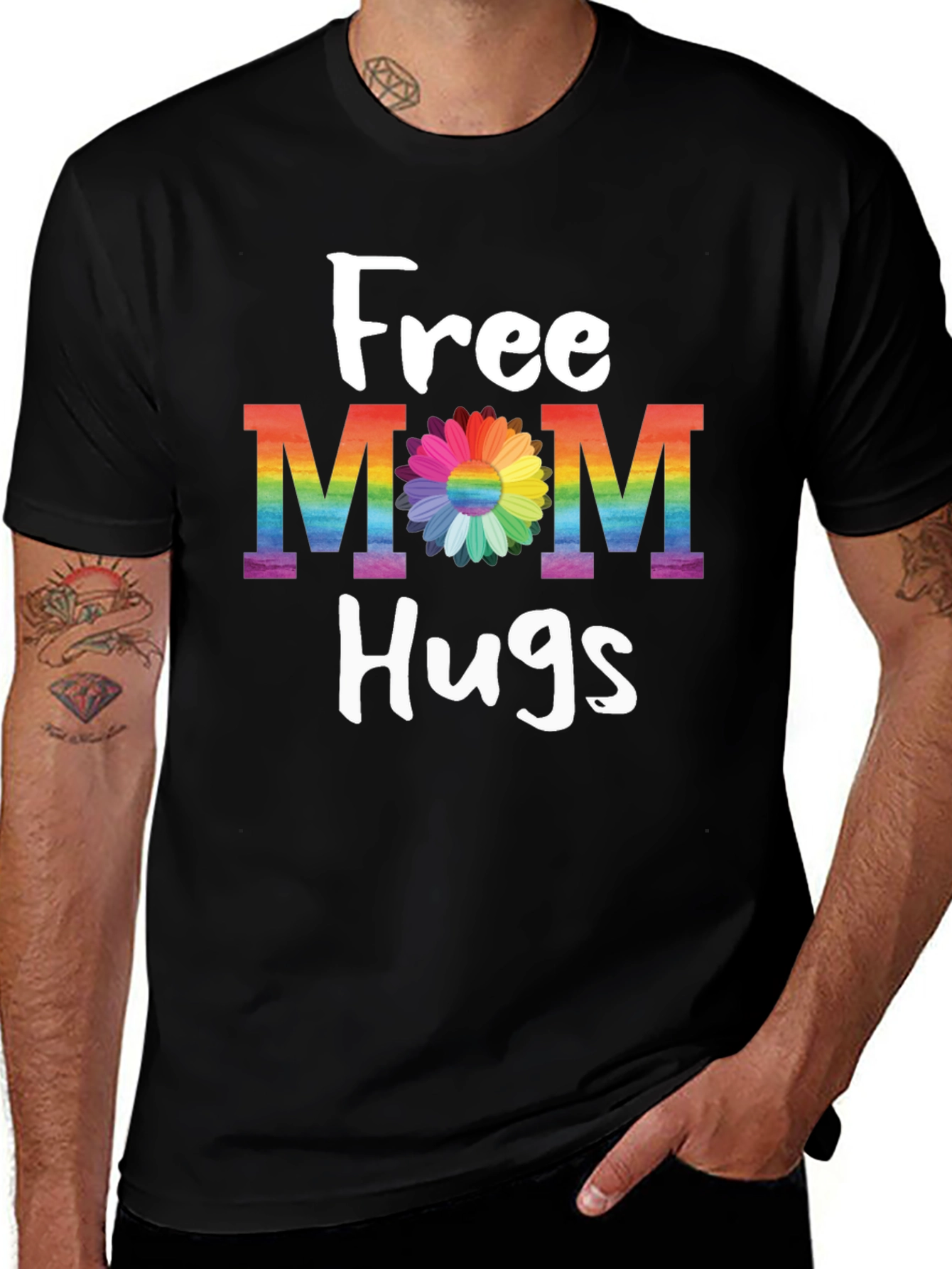 Free Mom Hugs T-Shirt - Rainbow Pride Flower Design