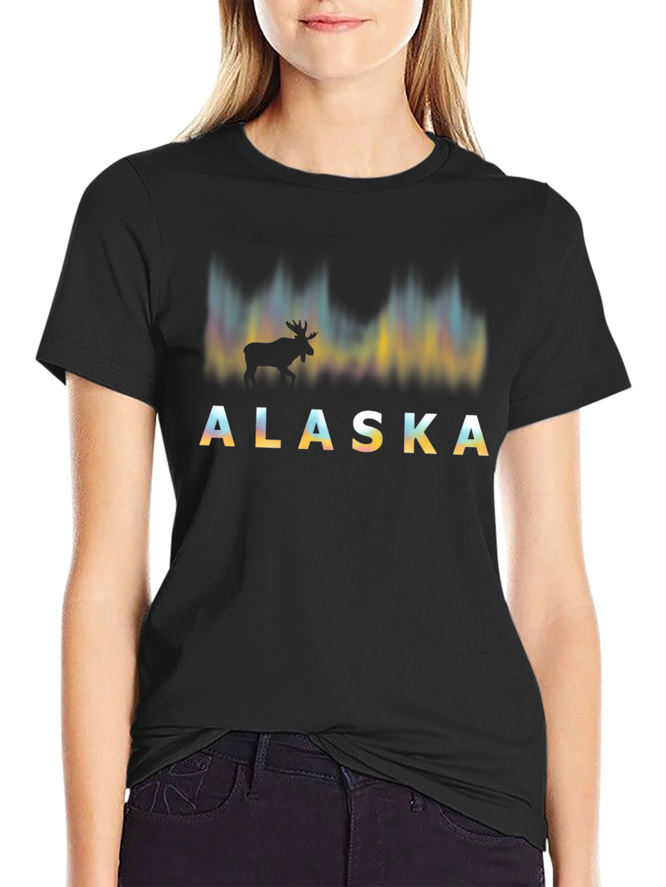 Alaska Moose Northern Lights Graphic Tee - Black
