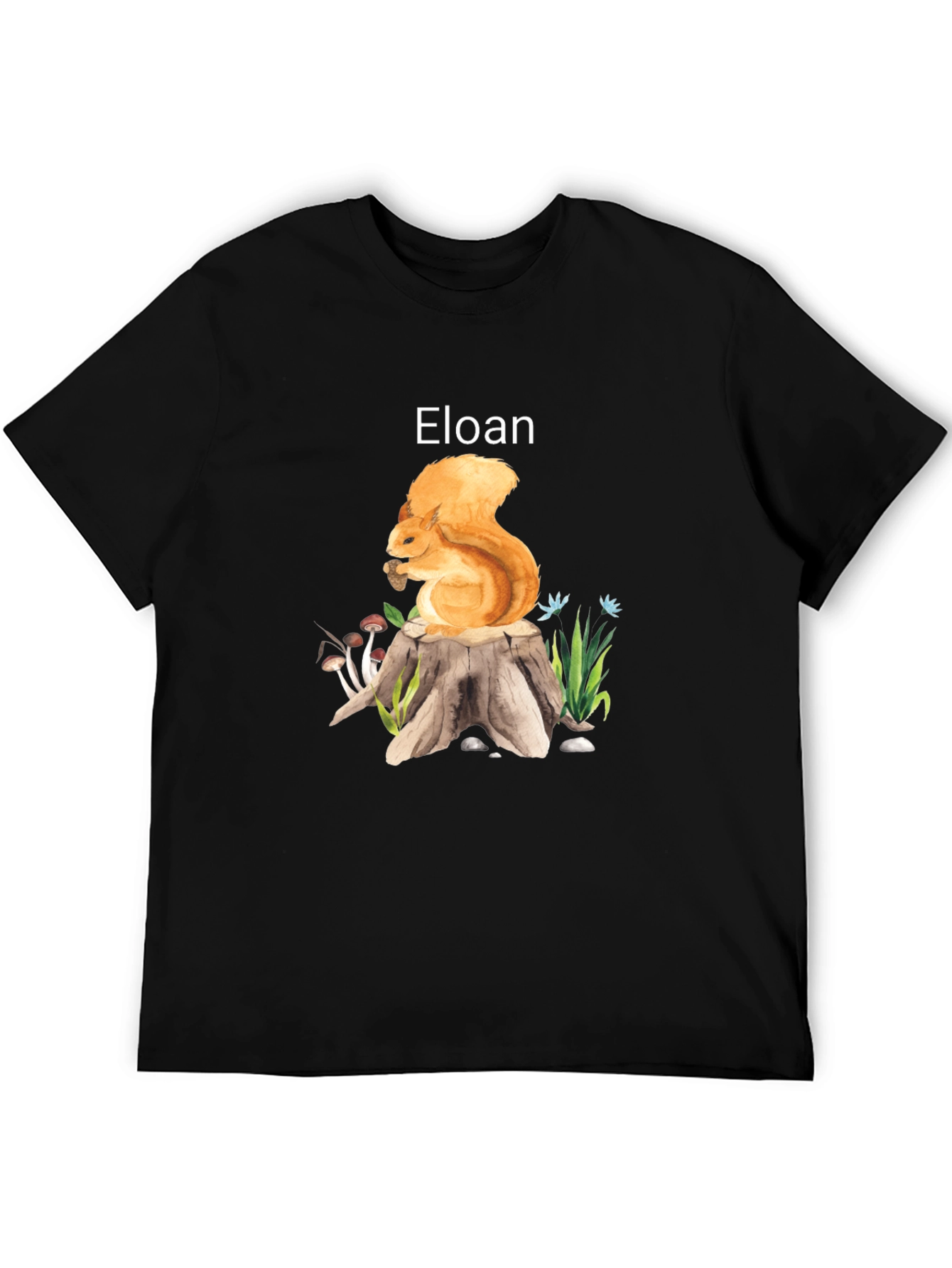Eloan Squirrel on Stump Black T-Shirt