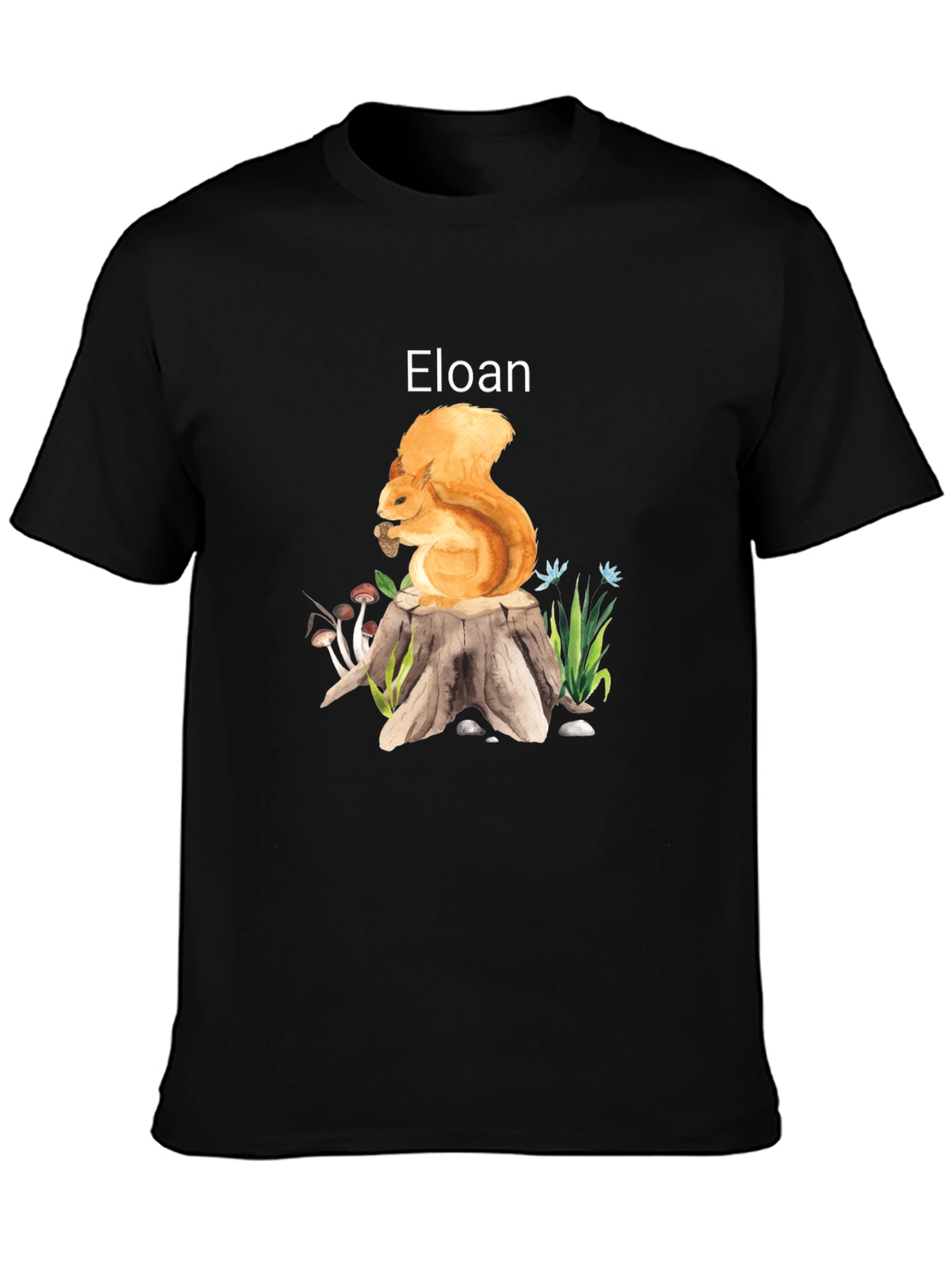 Eloan Squirrel on Stump Black T-Shirt