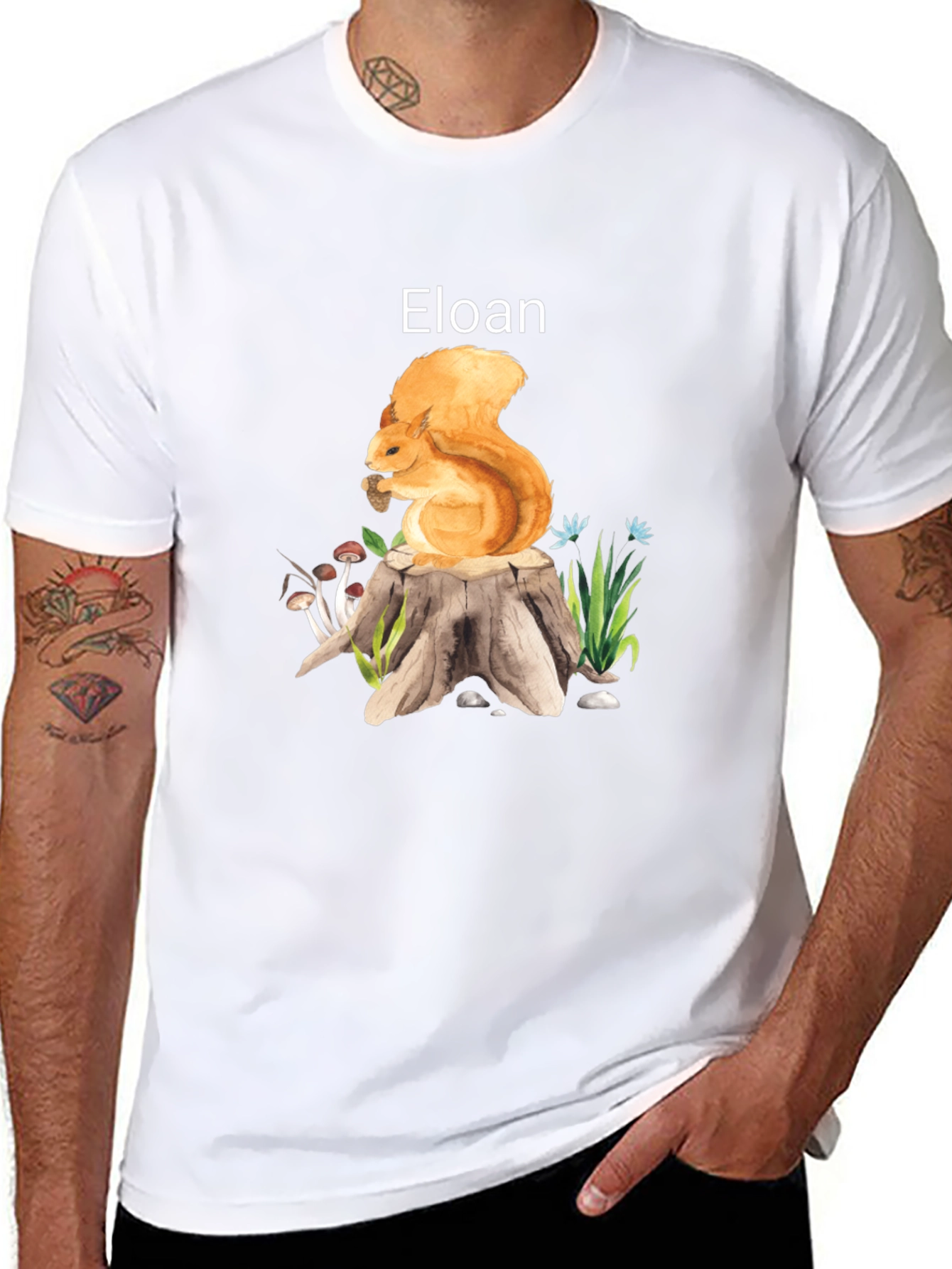 Eloan Squirrel on Stump Black T-Shirt