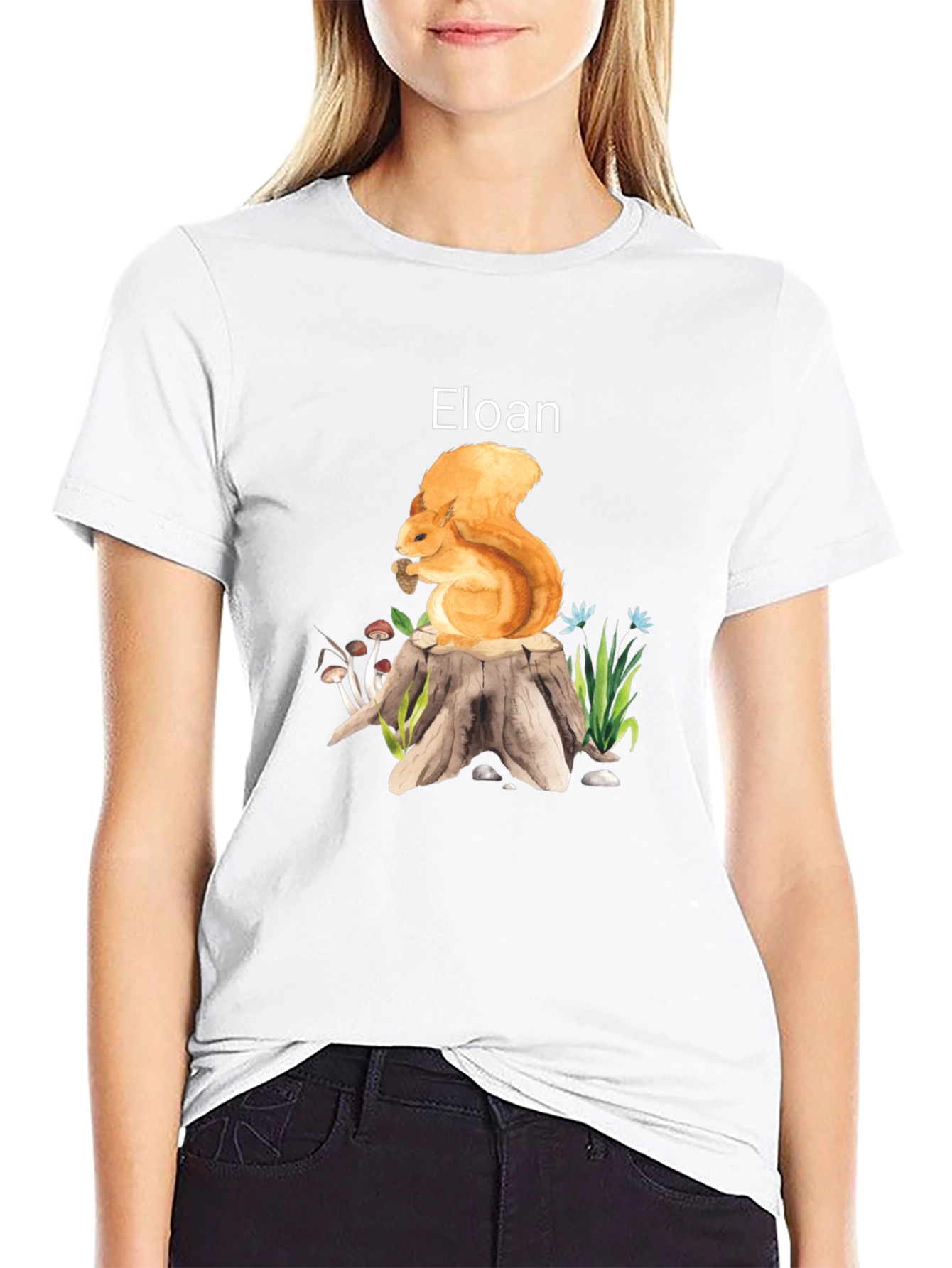 Eloan Squirrel on Stump Black T-Shirt