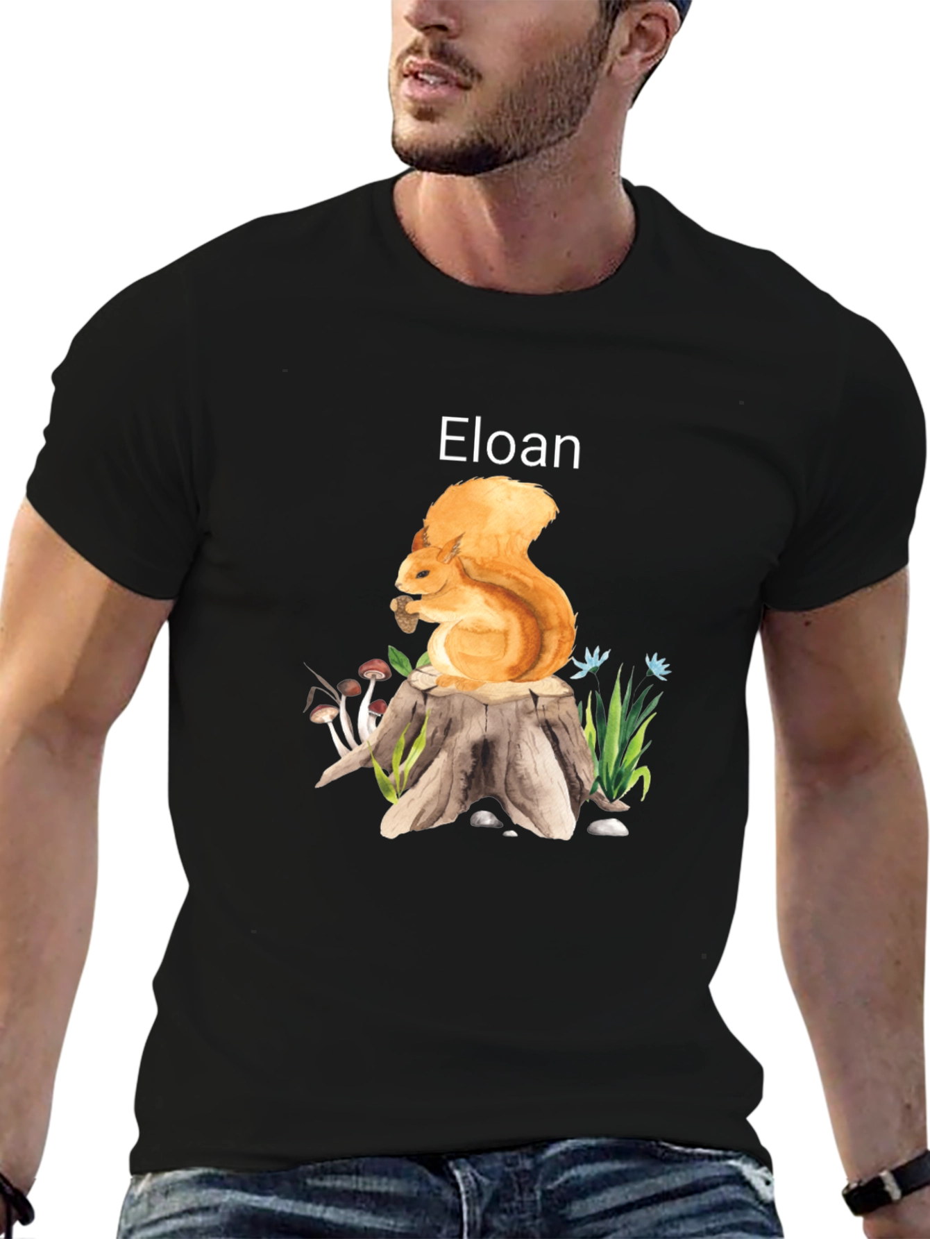 Eloan Squirrel on Stump Black T-Shirt