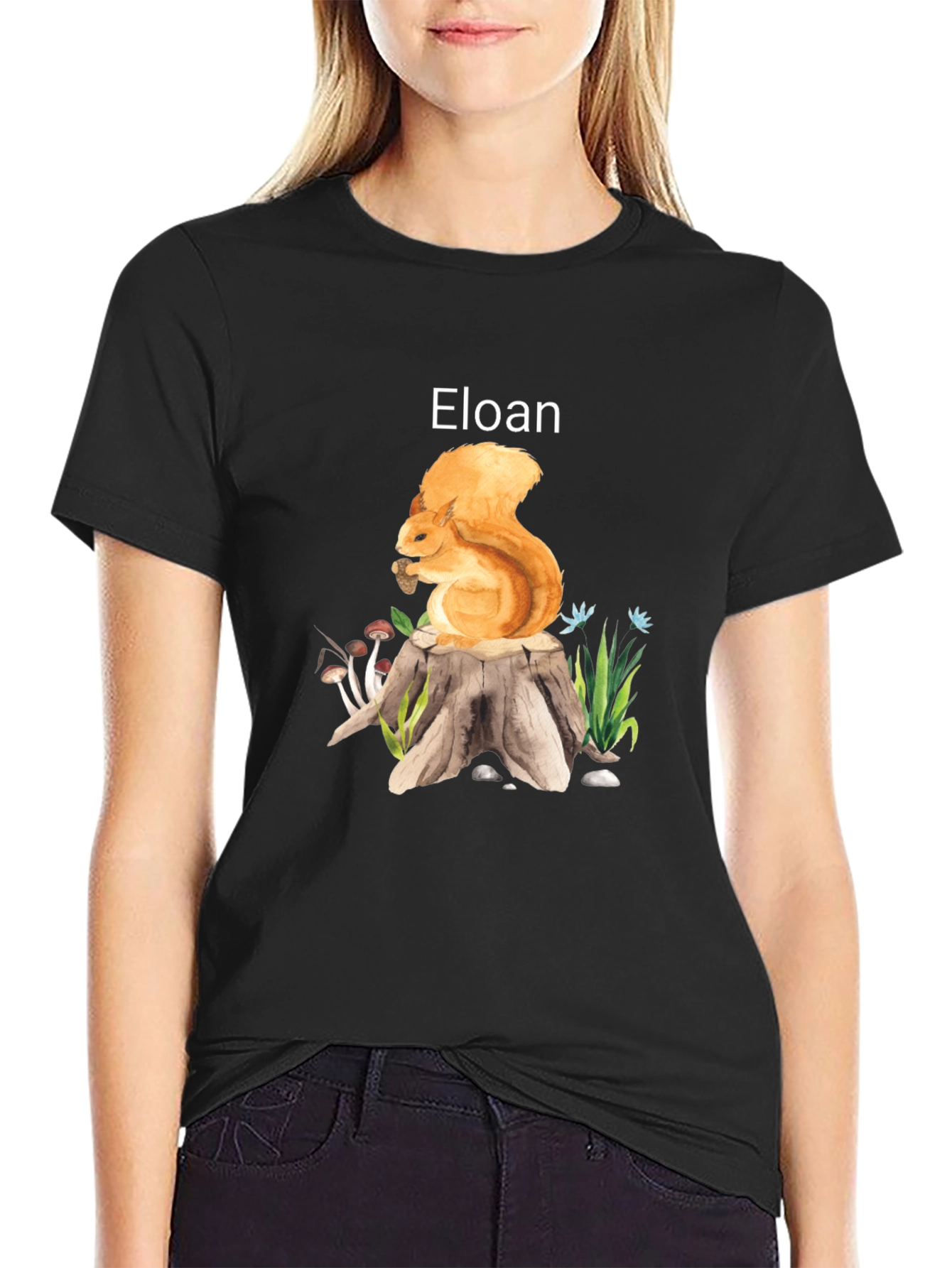 Eloan Squirrel on Stump Black T-Shirt