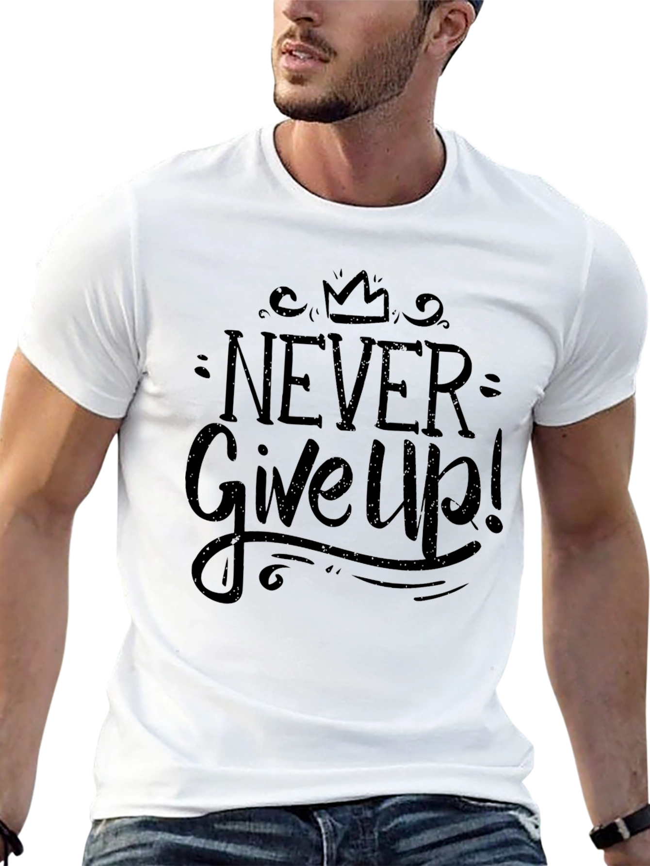Never Give Up Black Graphic T-Shirt