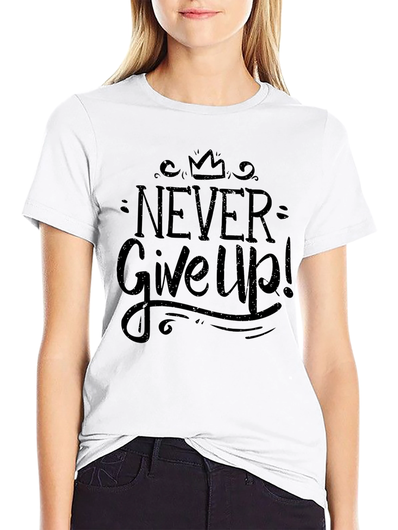 Never Give Up Black Graphic T-Shirt