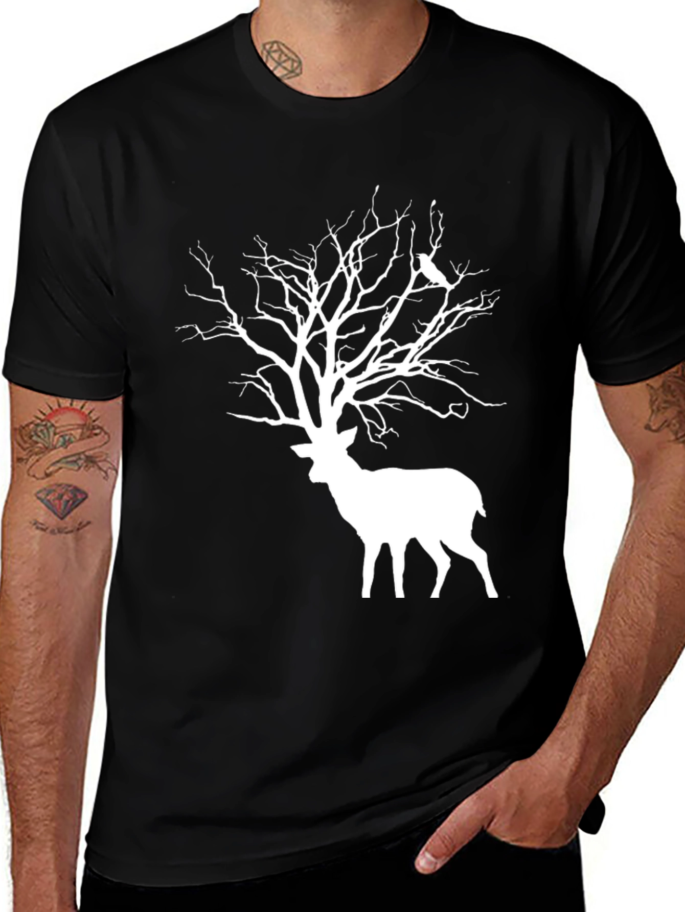 Deer Tree Graphic Tee - Black Cotton Blend