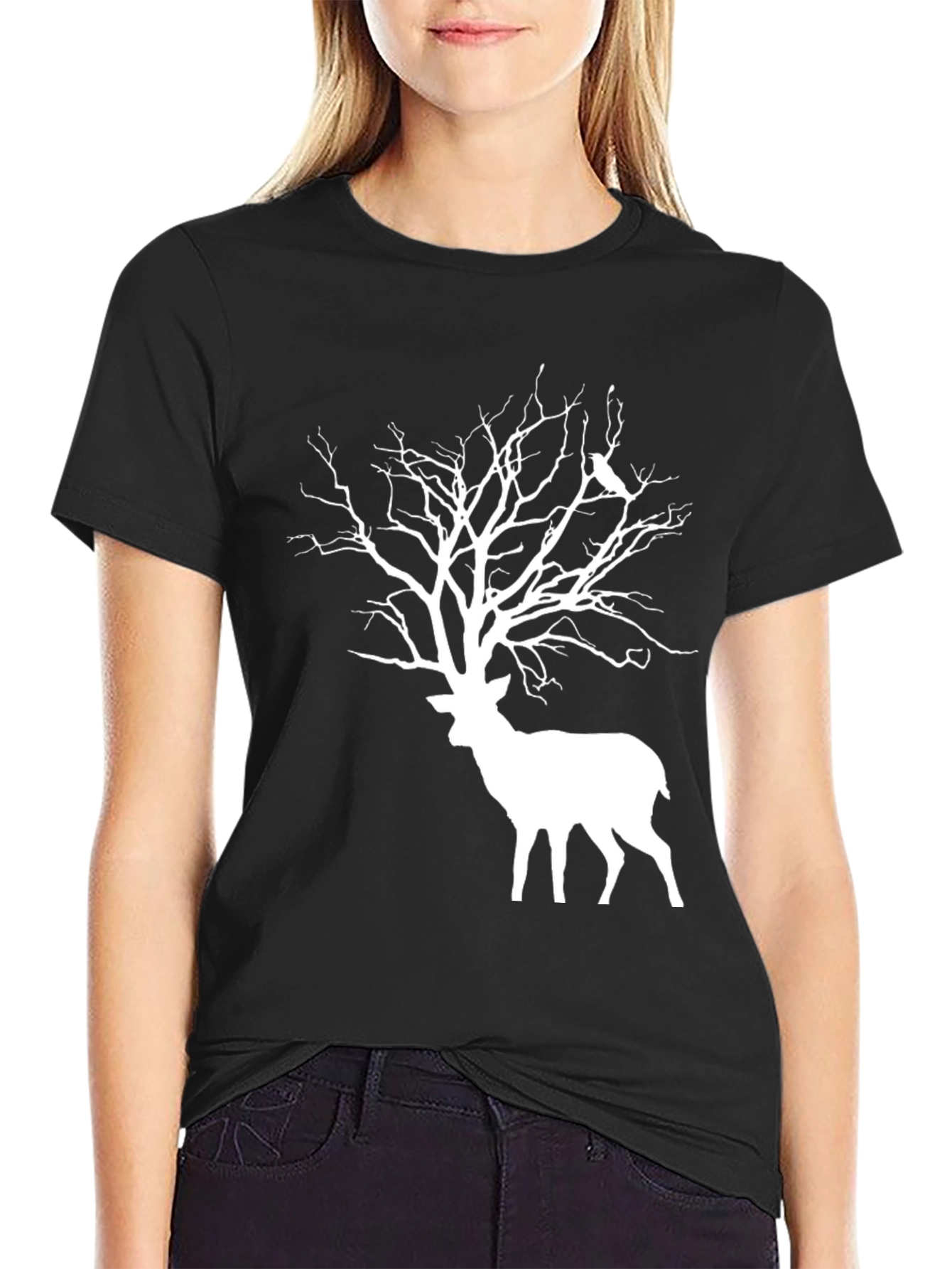 Deer Tree Graphic Tee - Black Cotton Blend