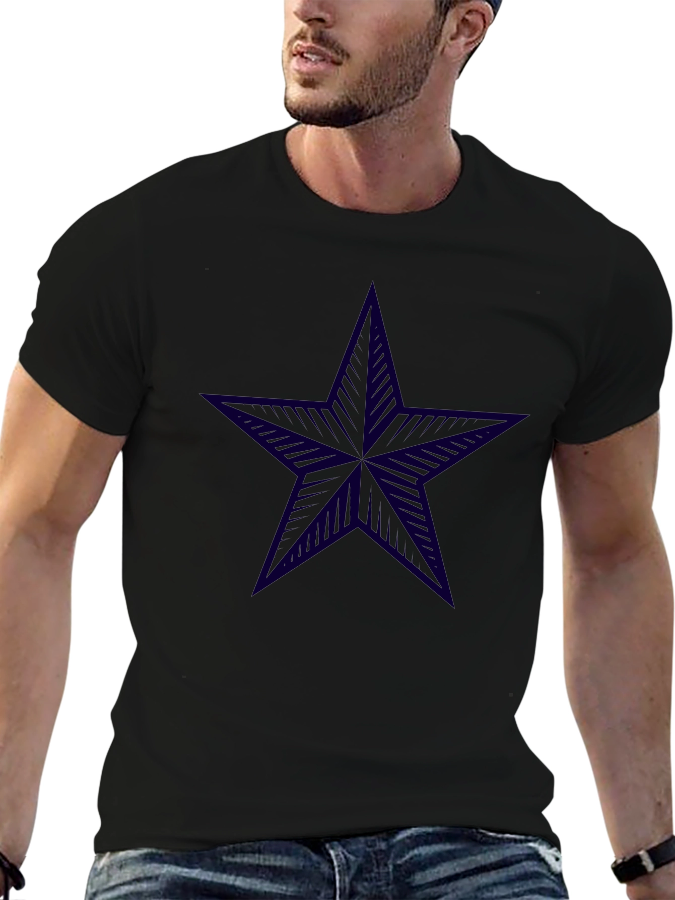 Black T-Shirt with Navy Star Print