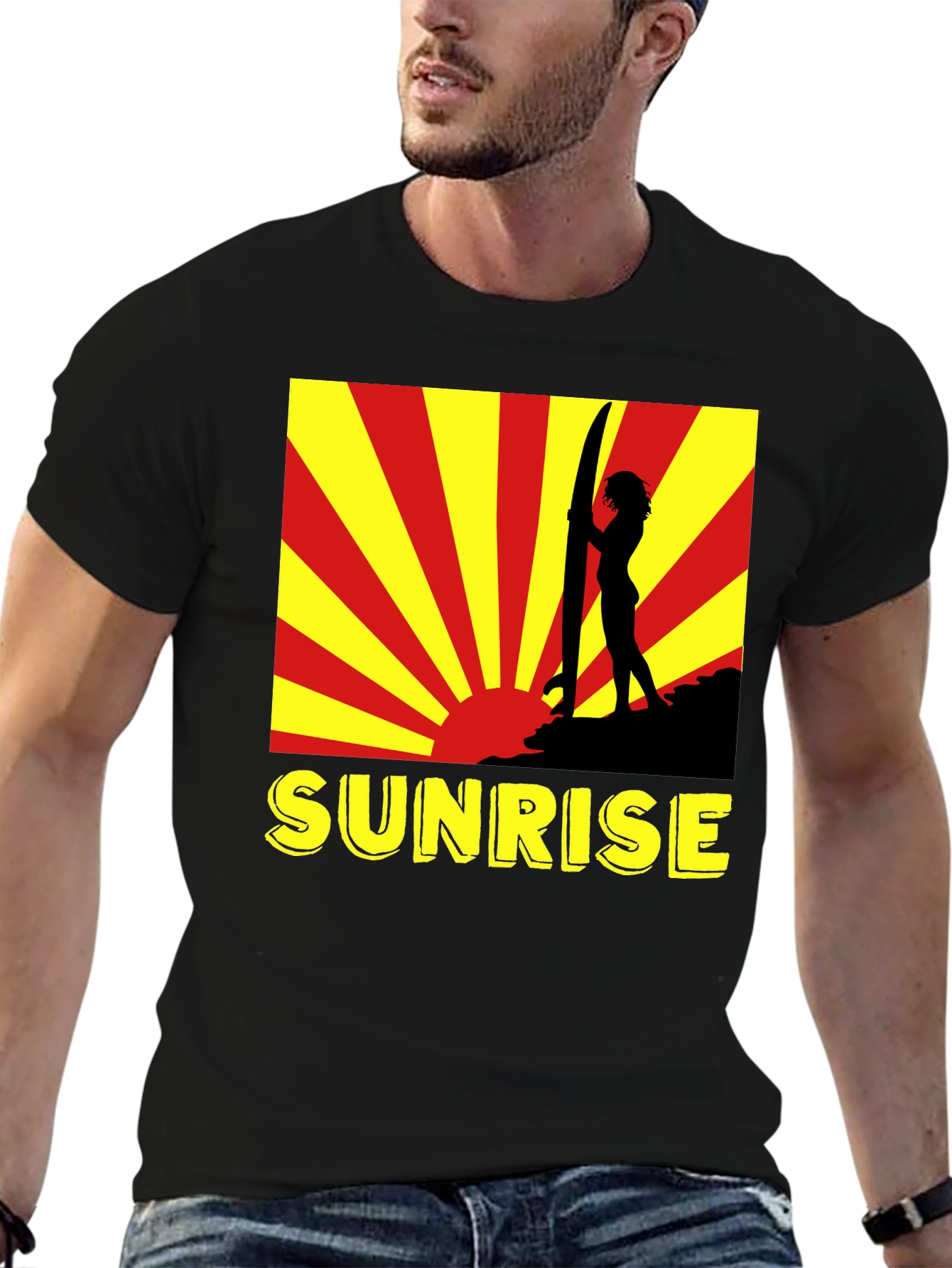Sunrise Surfer Graphic Tee - Black Cotton T-Shirt