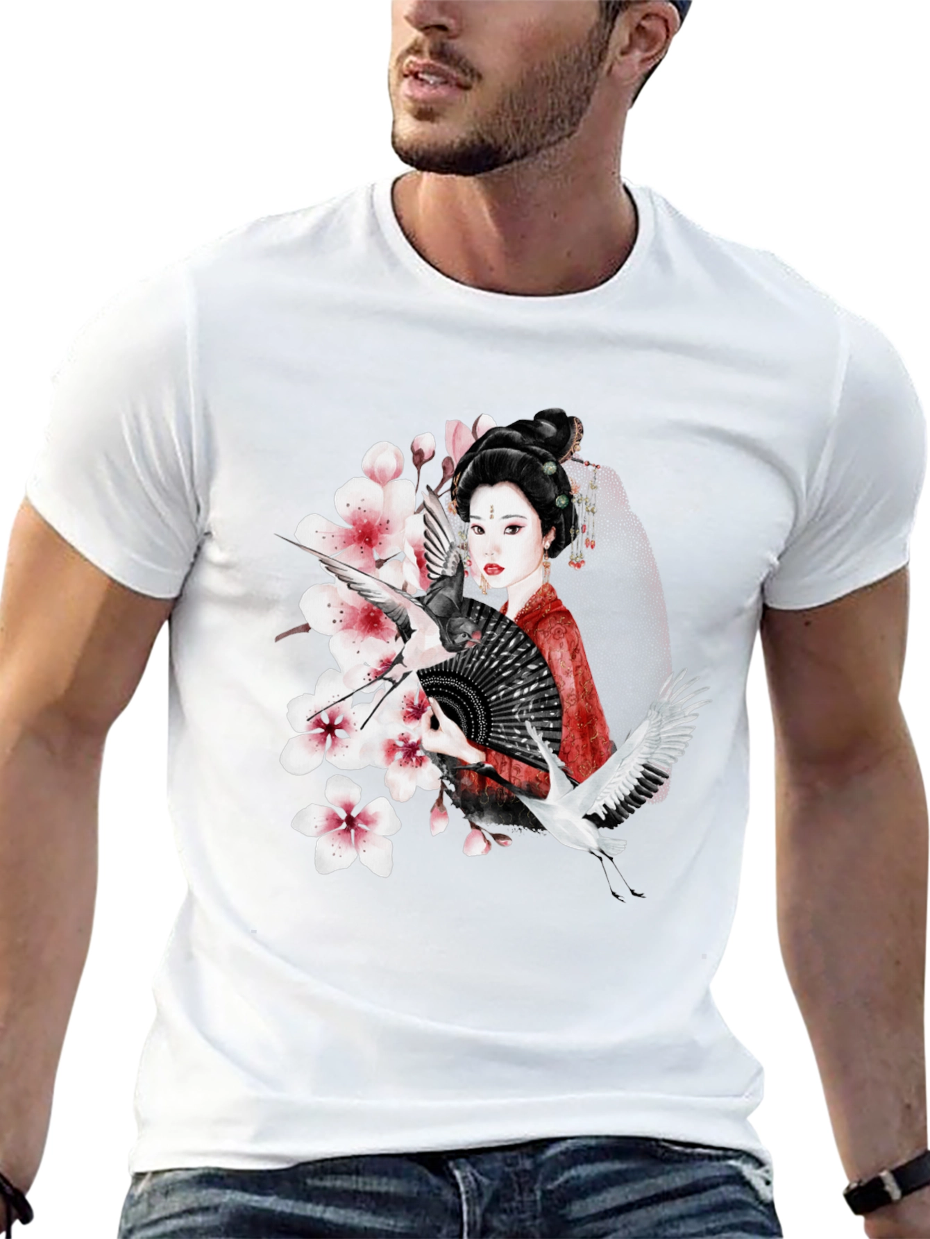 Asian Geisha Crane T-Shirt - Stylish Graphic Tee