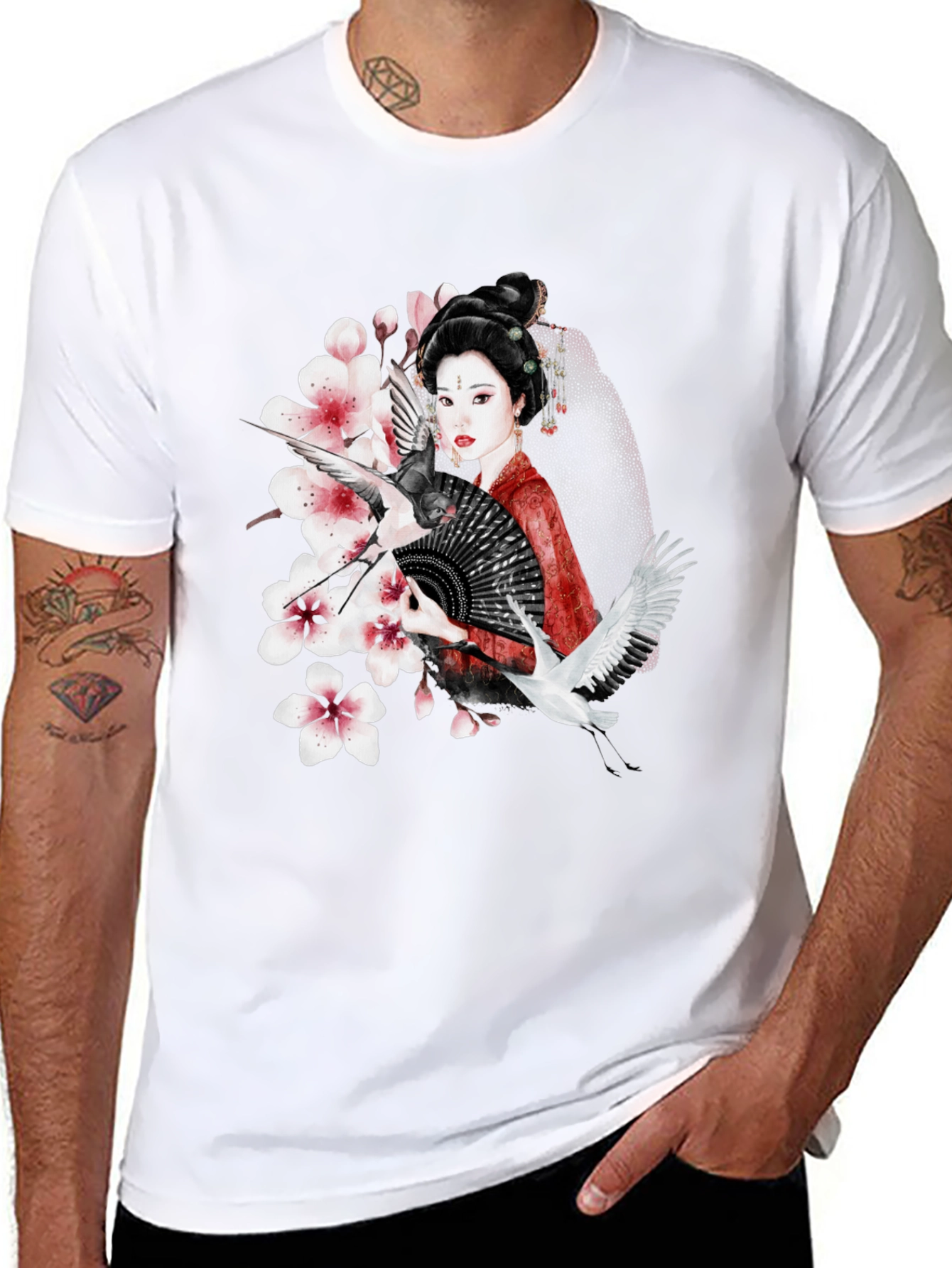 Asian Geisha Crane T-Shirt - Stylish Graphic Tee