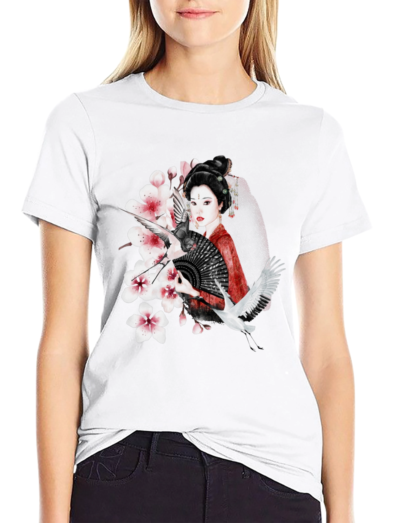 Asian Geisha Crane T-Shirt - Stylish Graphic Tee