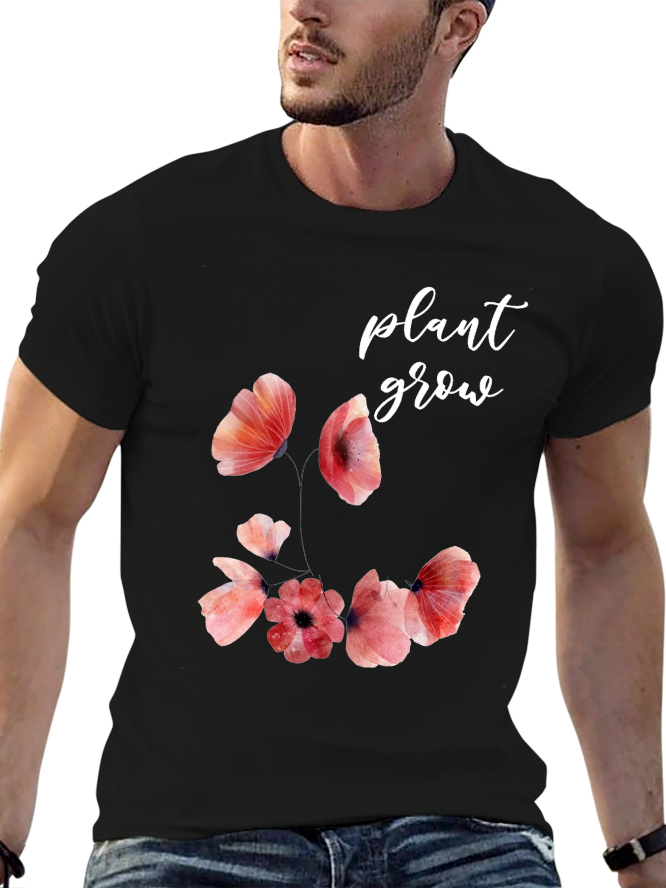 Floral Plant Grow Graphic Black T-Shirt