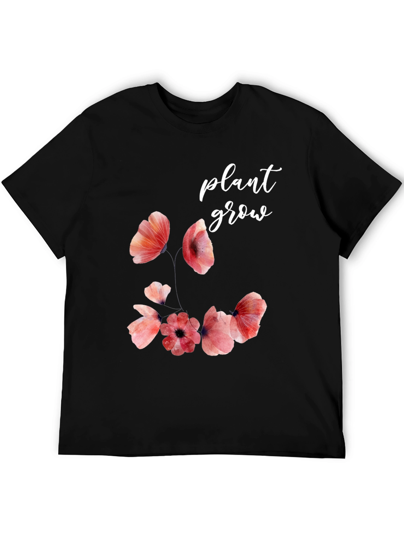 Floral Plant Grow Graphic Black T-Shirt