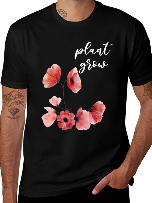 Floral Plant Grow Graphic Black T-Shirt