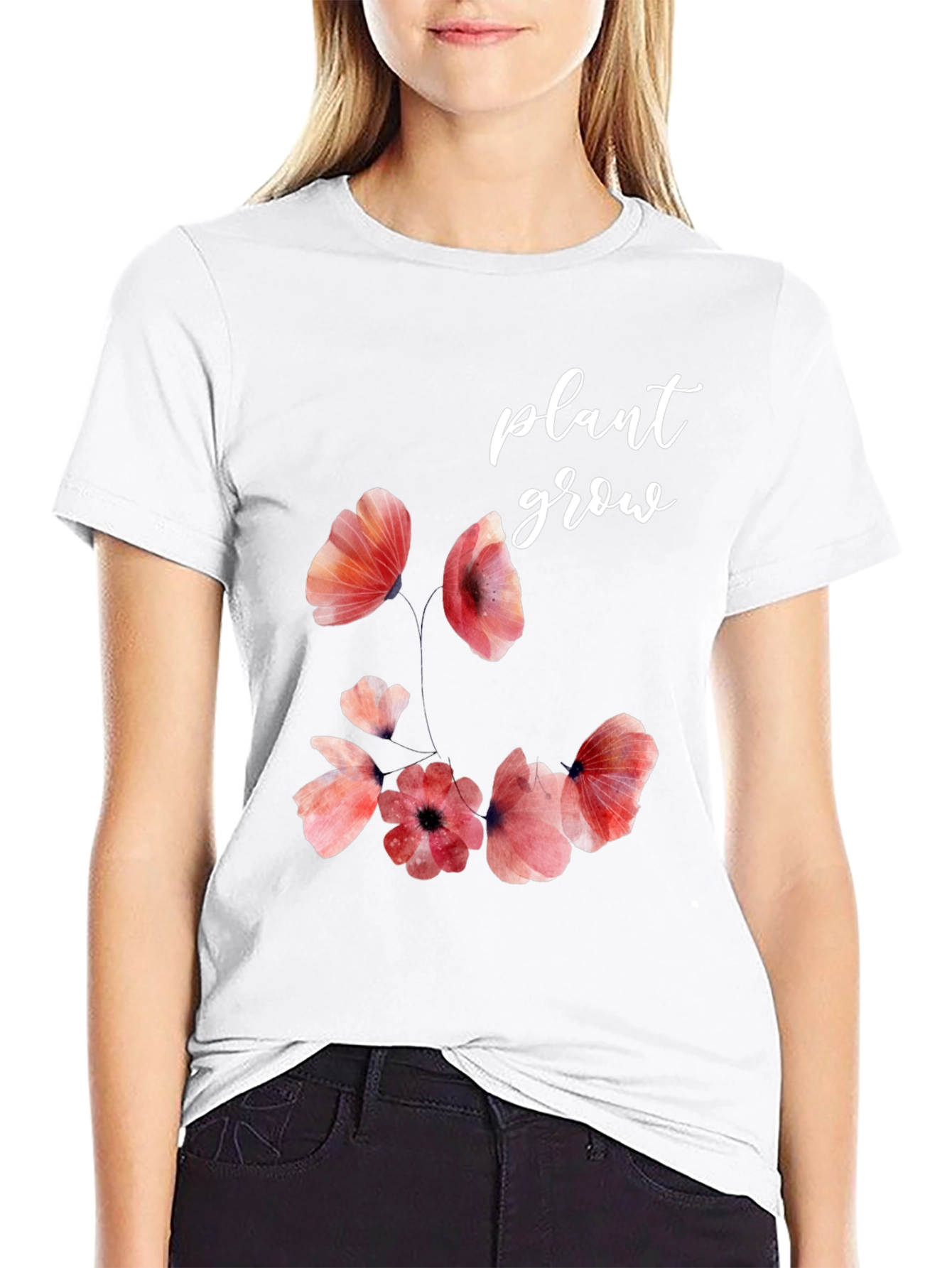 Floral Plant Grow Graphic Black T-Shirt