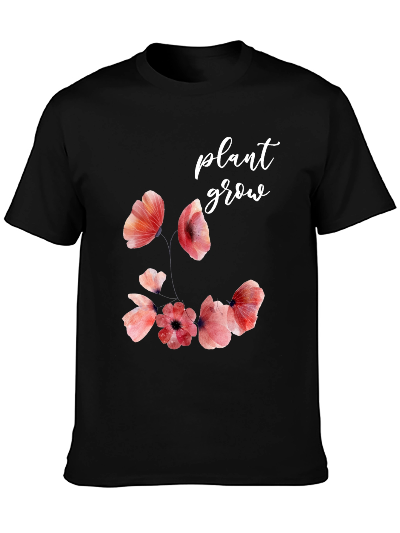 Floral Plant Grow Graphic Black T-Shirt