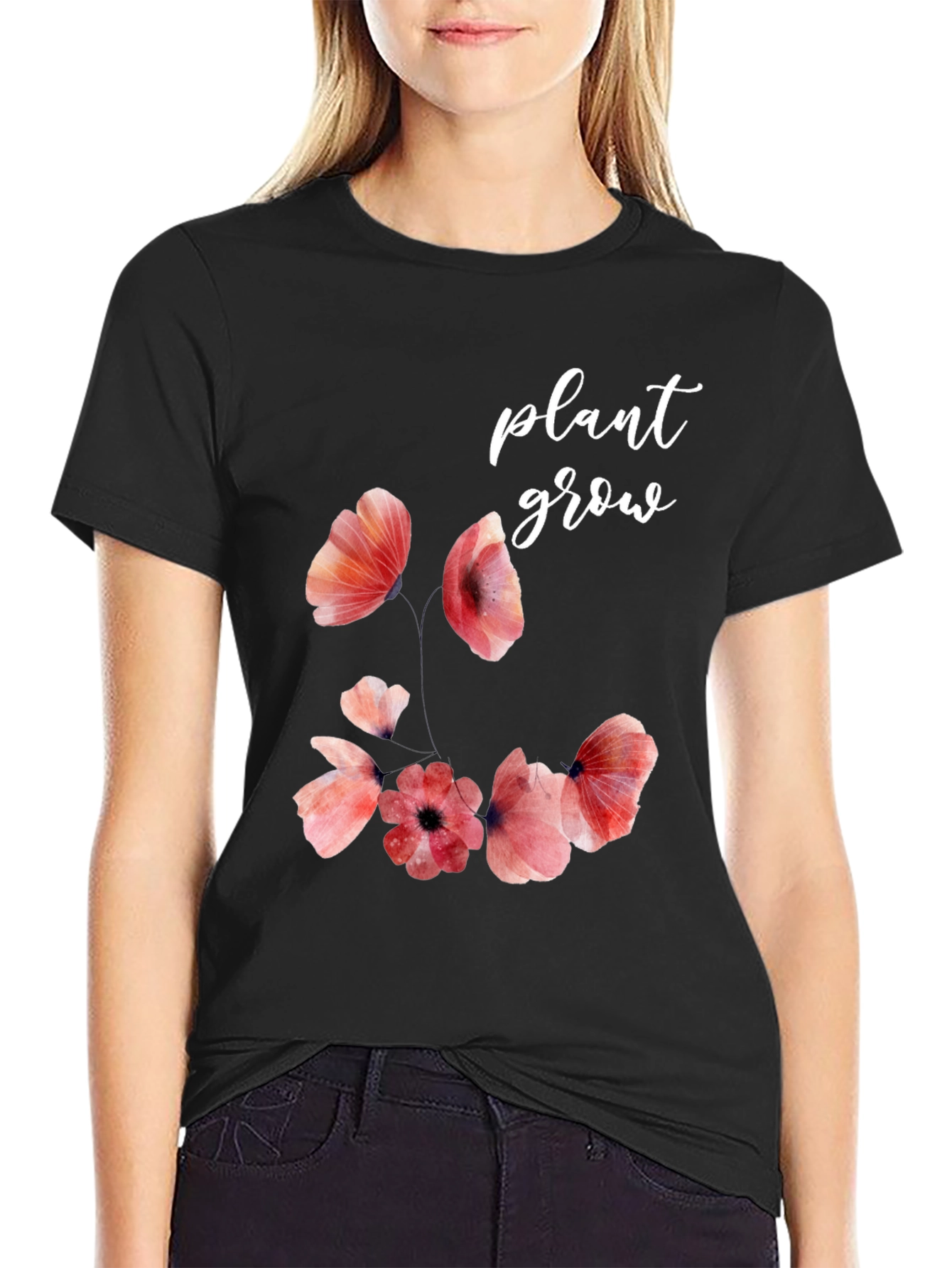 Floral Plant Grow Graphic Black T-Shirt