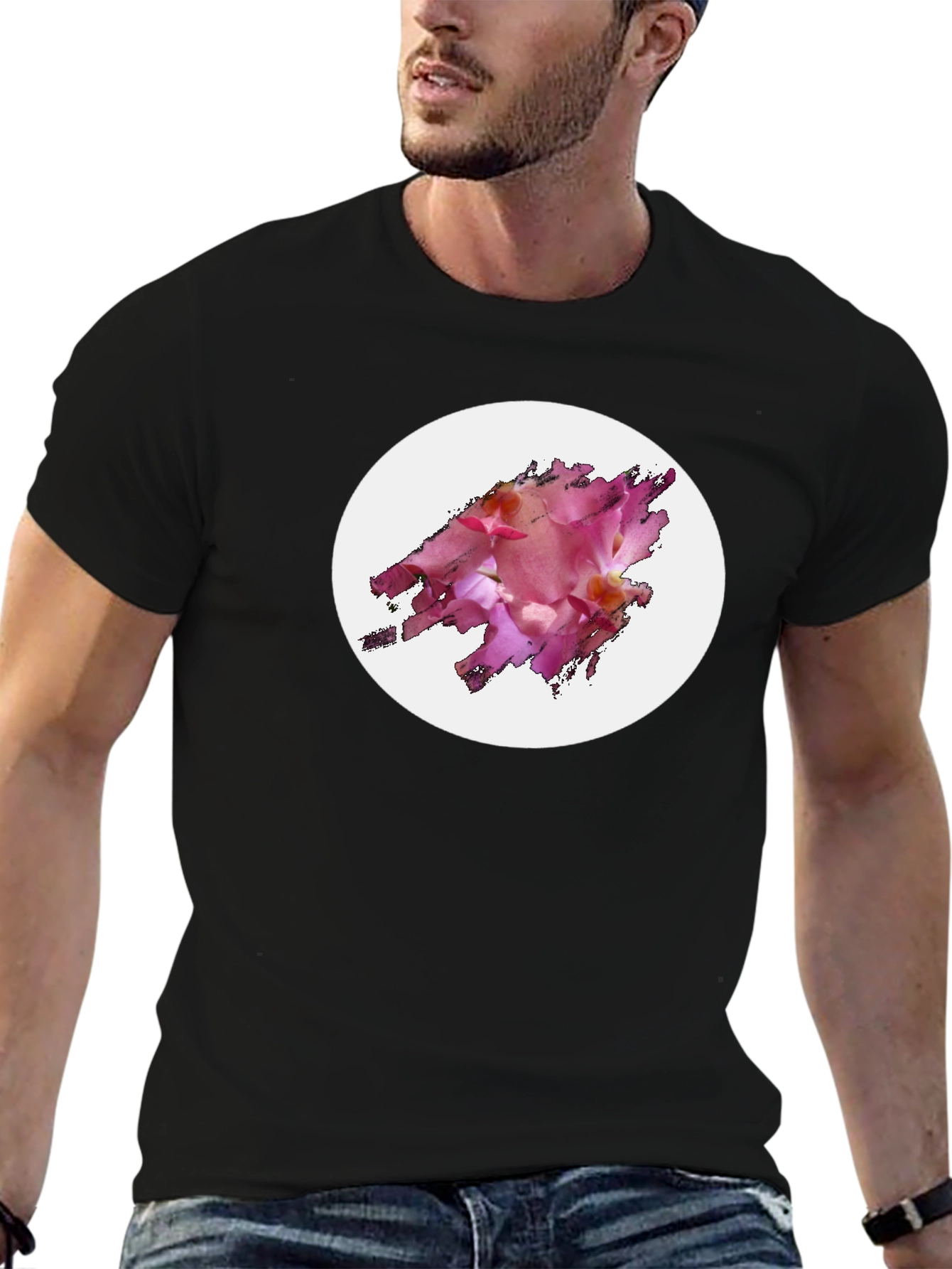 Black T-Shirt with Floral Graphic Design