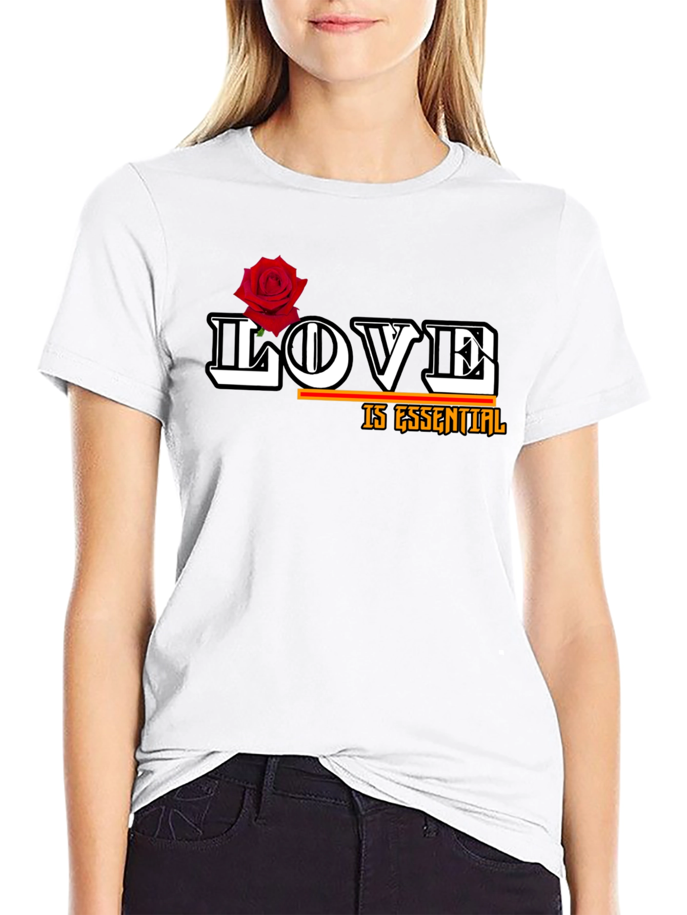 Love is Essential T-Shirt with Rose Graphic