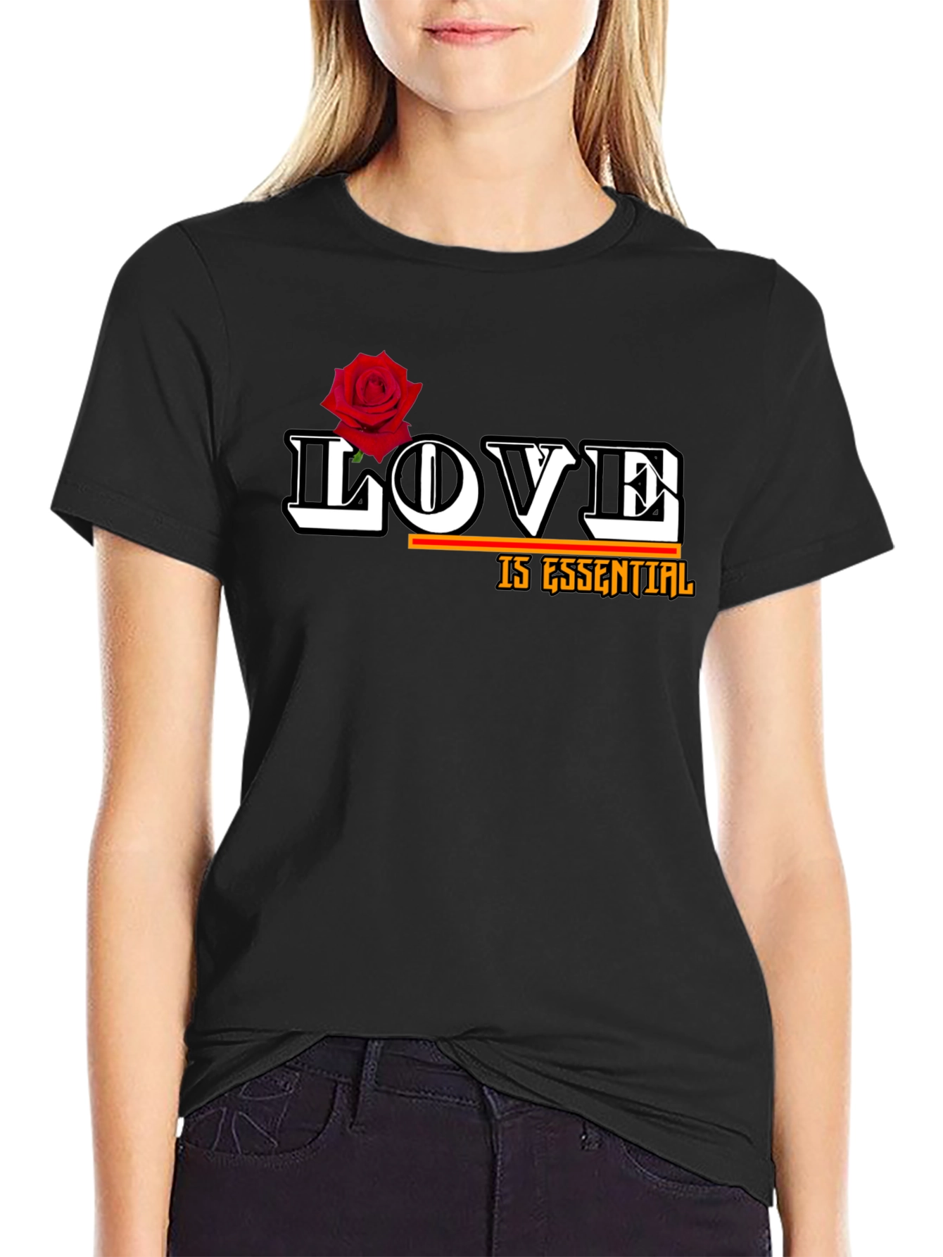 Love is Essential T-Shirt with Rose Graphic