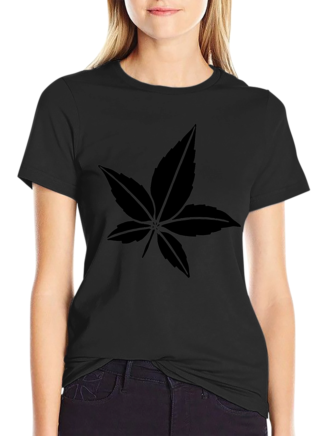Black Leaf Print Crew Neck T-Shirt