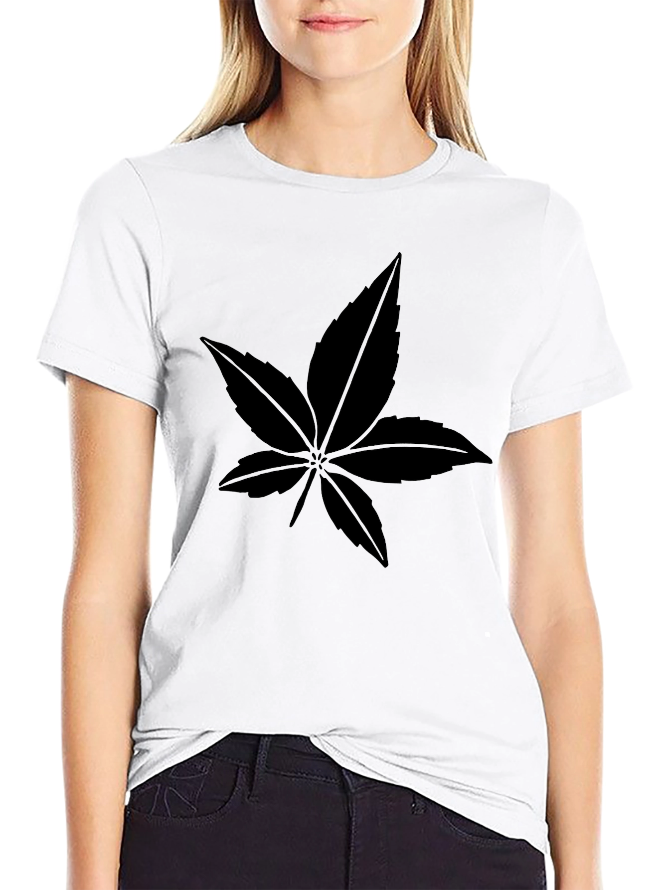 Black Leaf Print Crew Neck T-Shirt