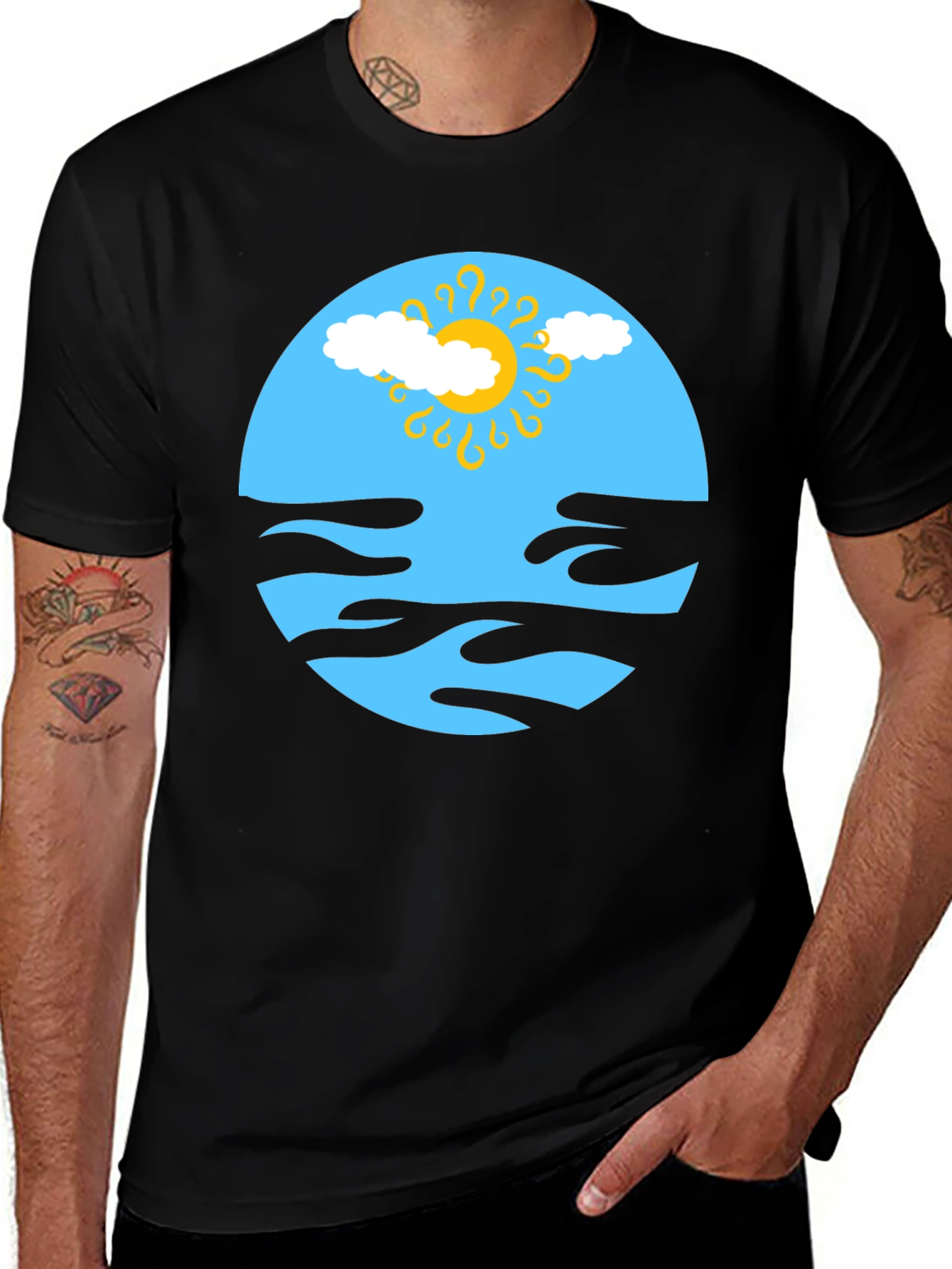 Abstract Sun & Cloud Graphic Tee - Black