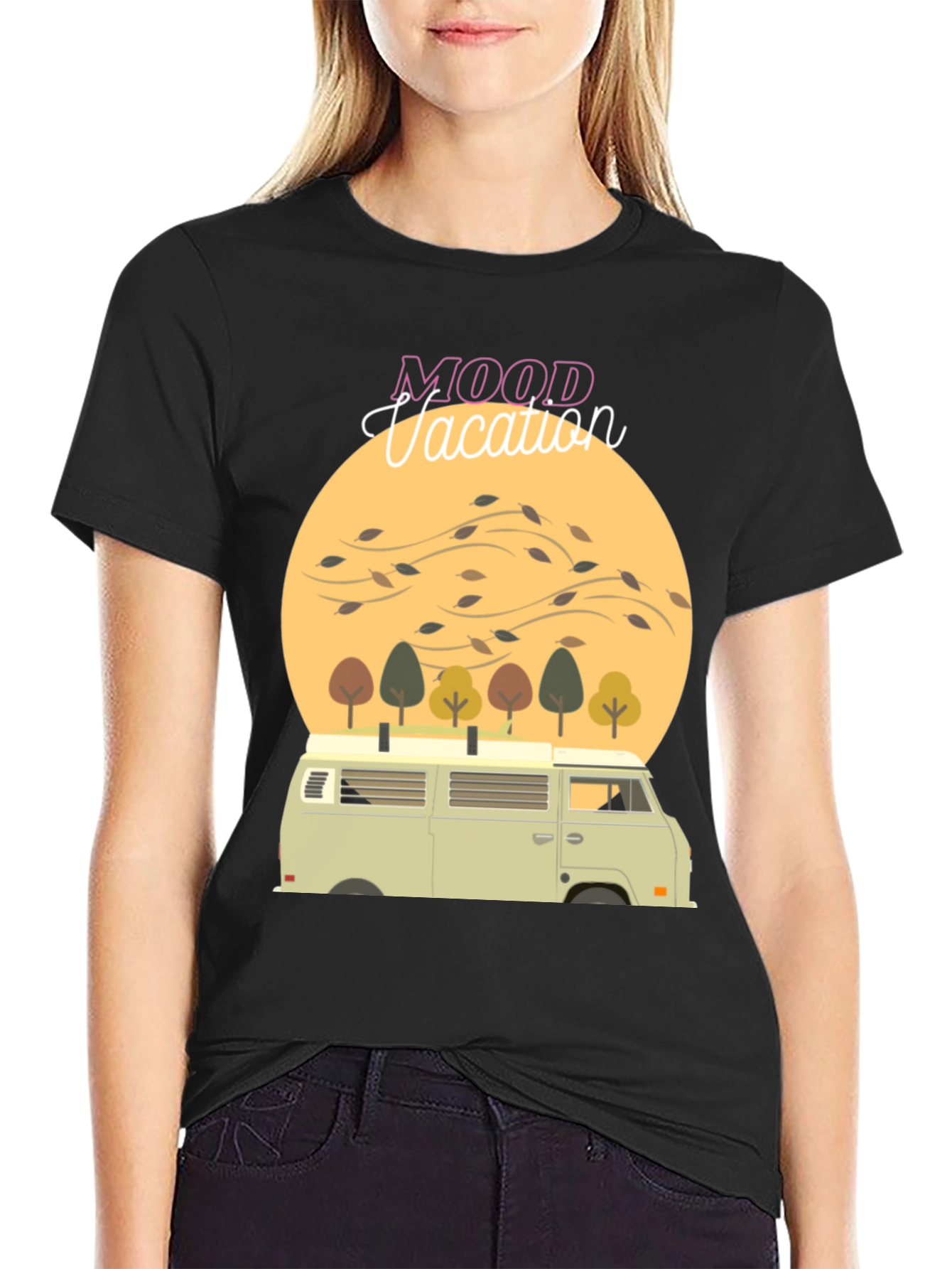 Mood Vacation Black T-Shirt Camper Van Graphic