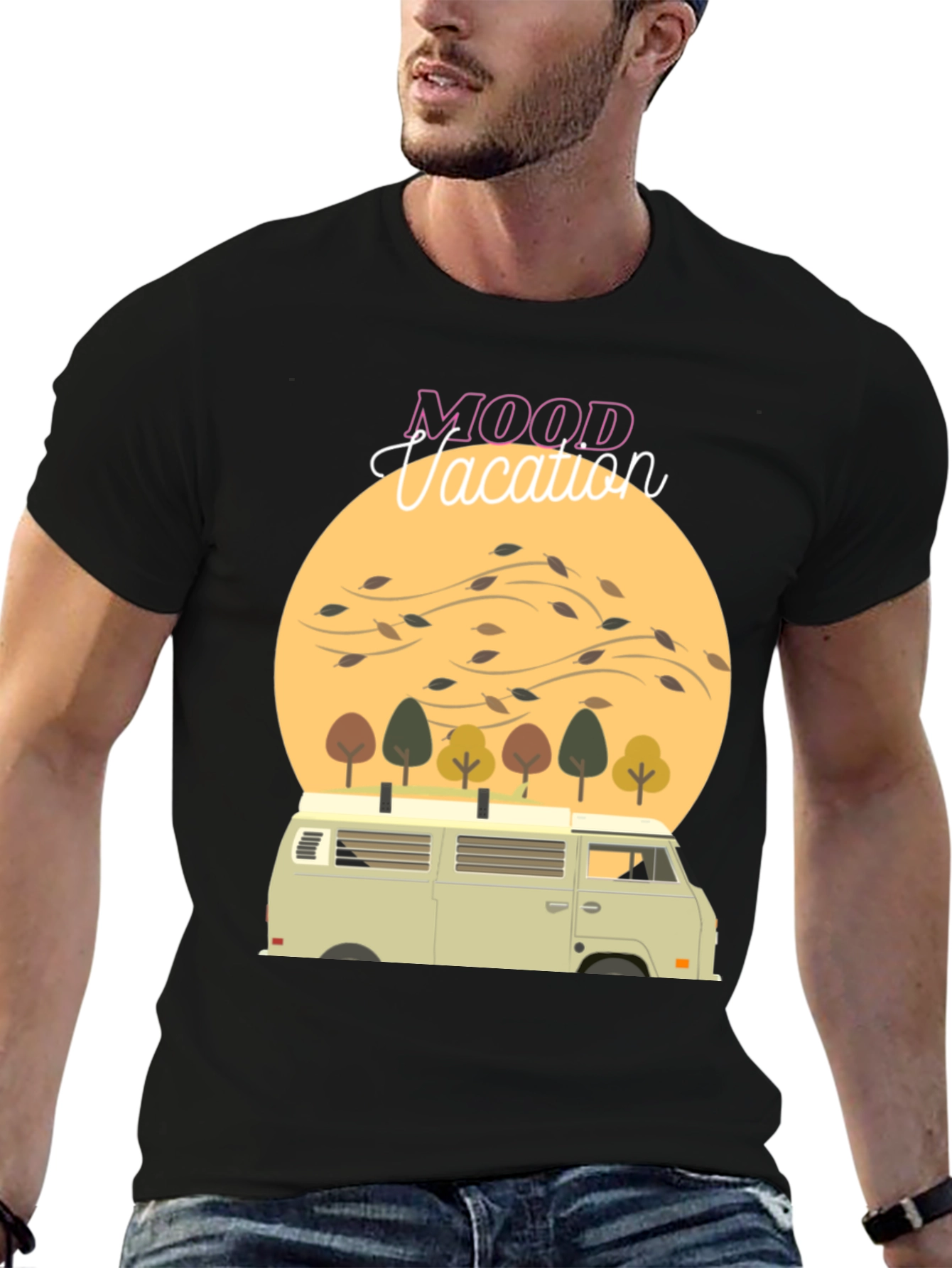Mood Vacation Black T-Shirt Camper Van Graphic
