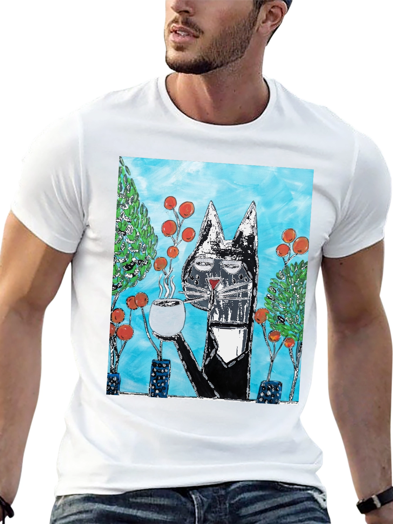 Cool Cat Coffee Art Graphic T-Shirt