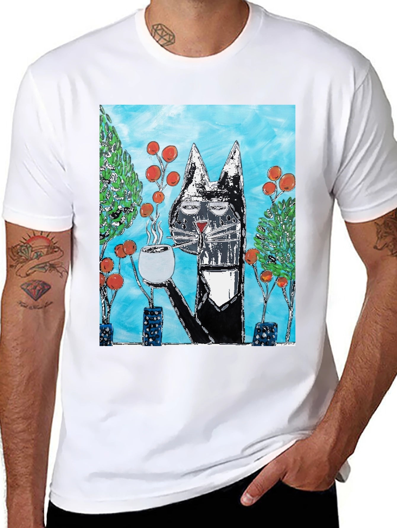 Cool Cat Coffee Art Graphic T-Shirt