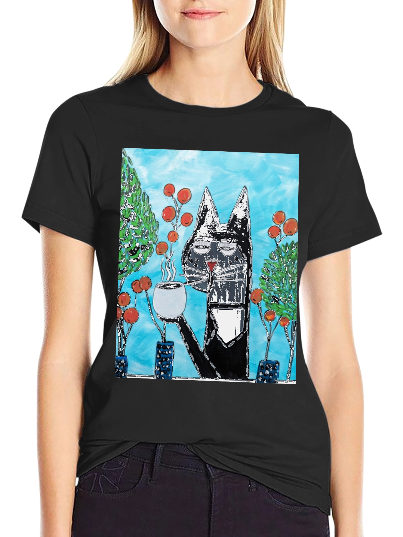 Cool Cat Coffee Art Graphic T-Shirt