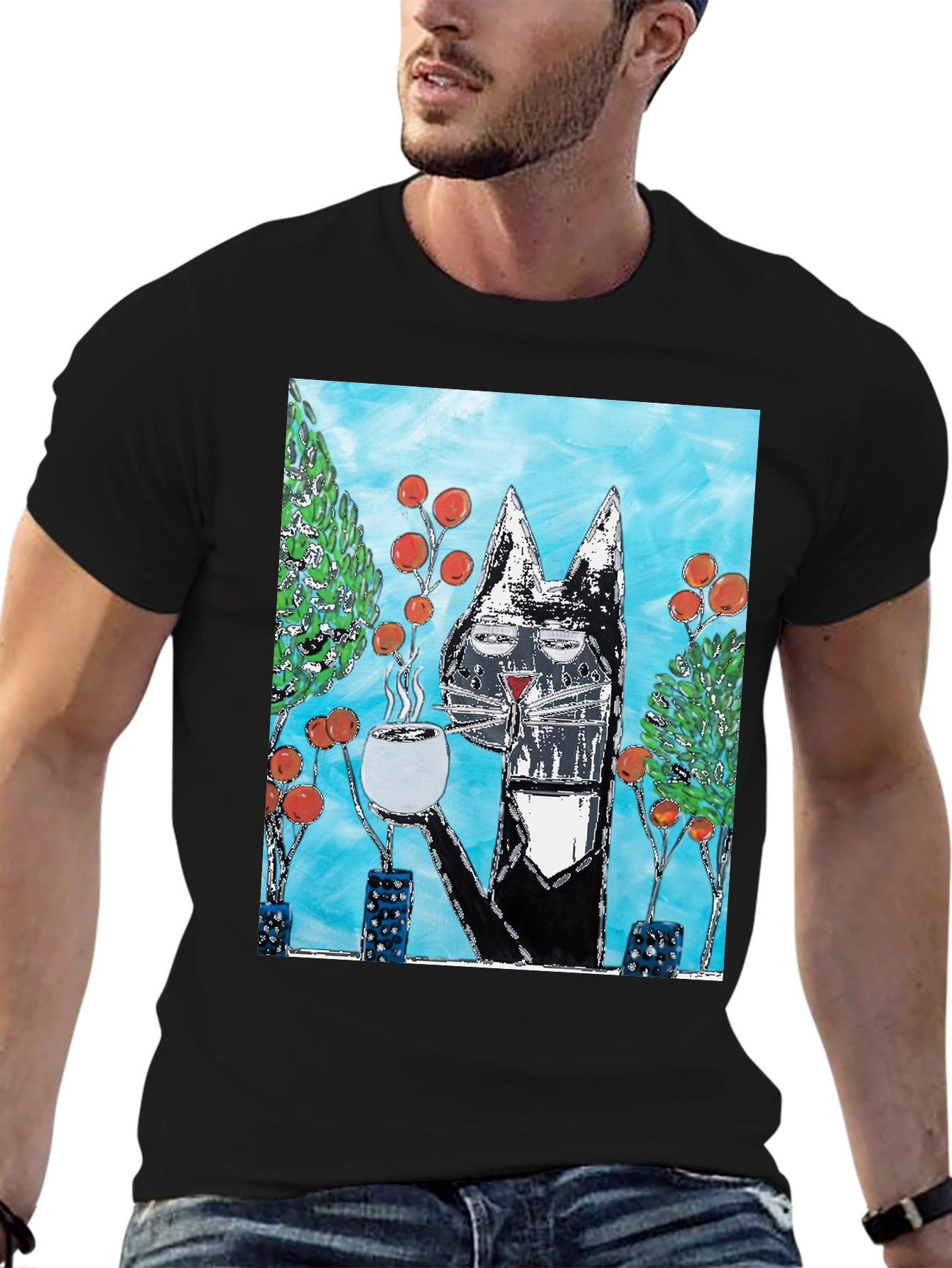 Cool Cat Coffee Art Graphic T-Shirt