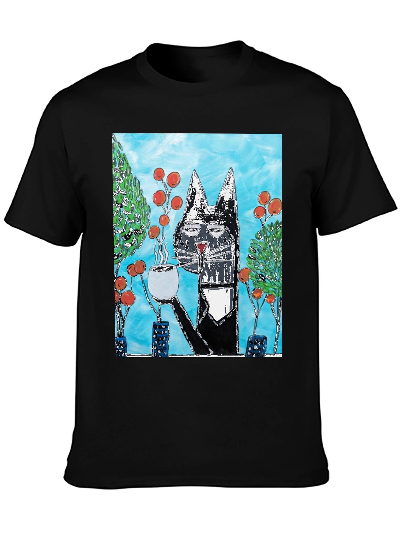 Cool Cat Coffee Art Graphic T-Shirt