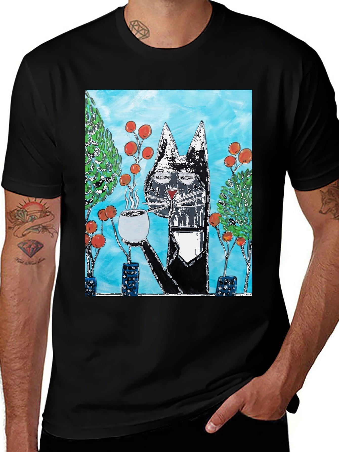Cool Cat Coffee Art Graphic T-Shirt