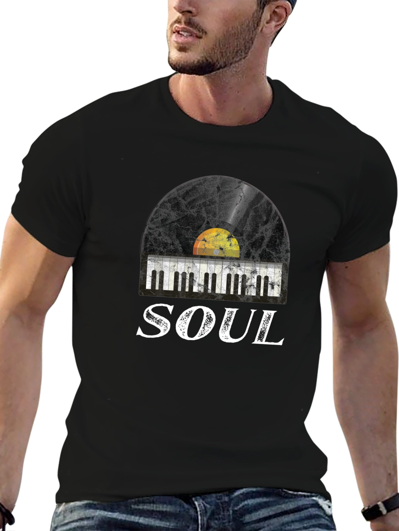 Soul Music Graphic Tee: Retro Vinyl & Piano Design