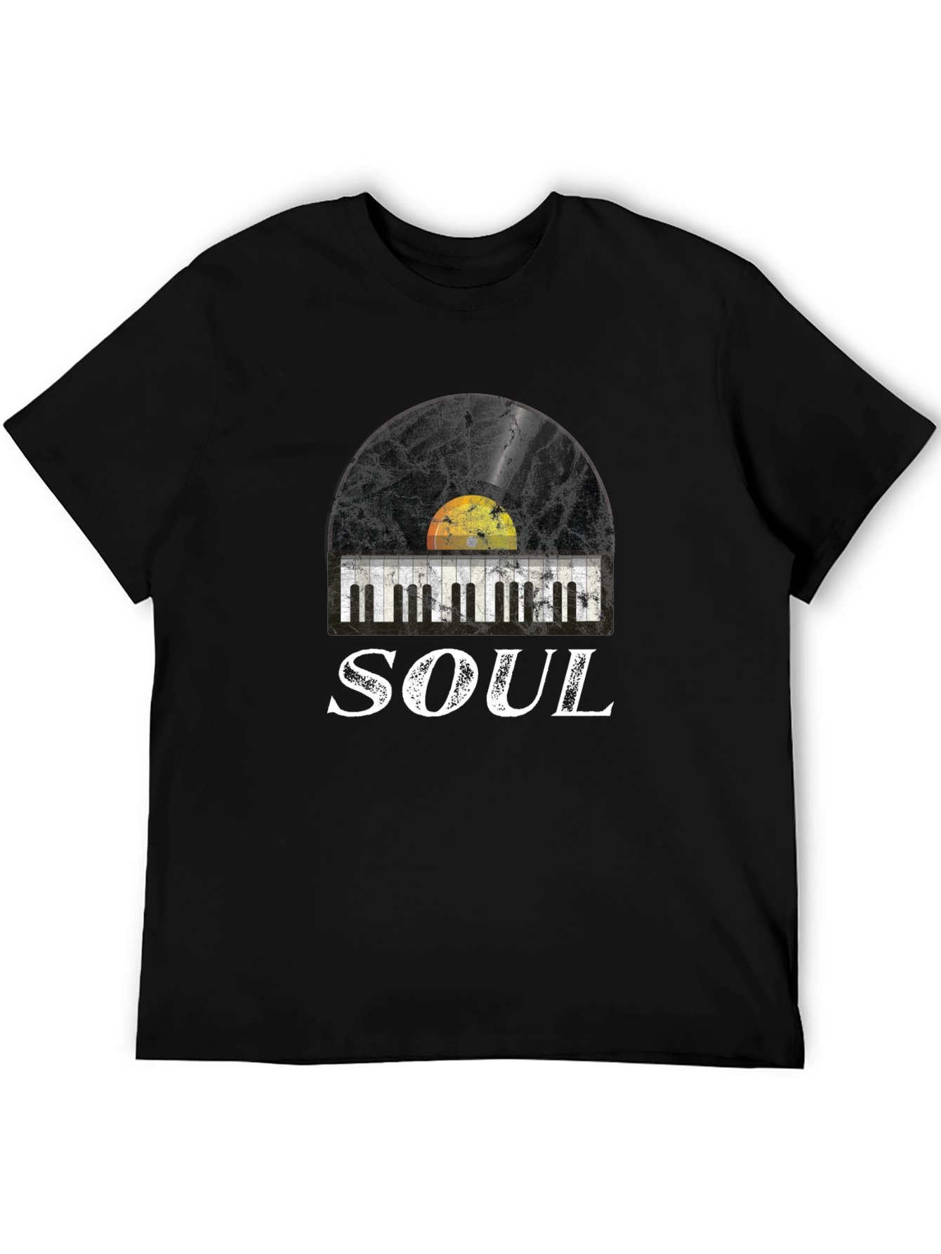 Soul Music Graphic Tee: Retro Vinyl & Piano Design