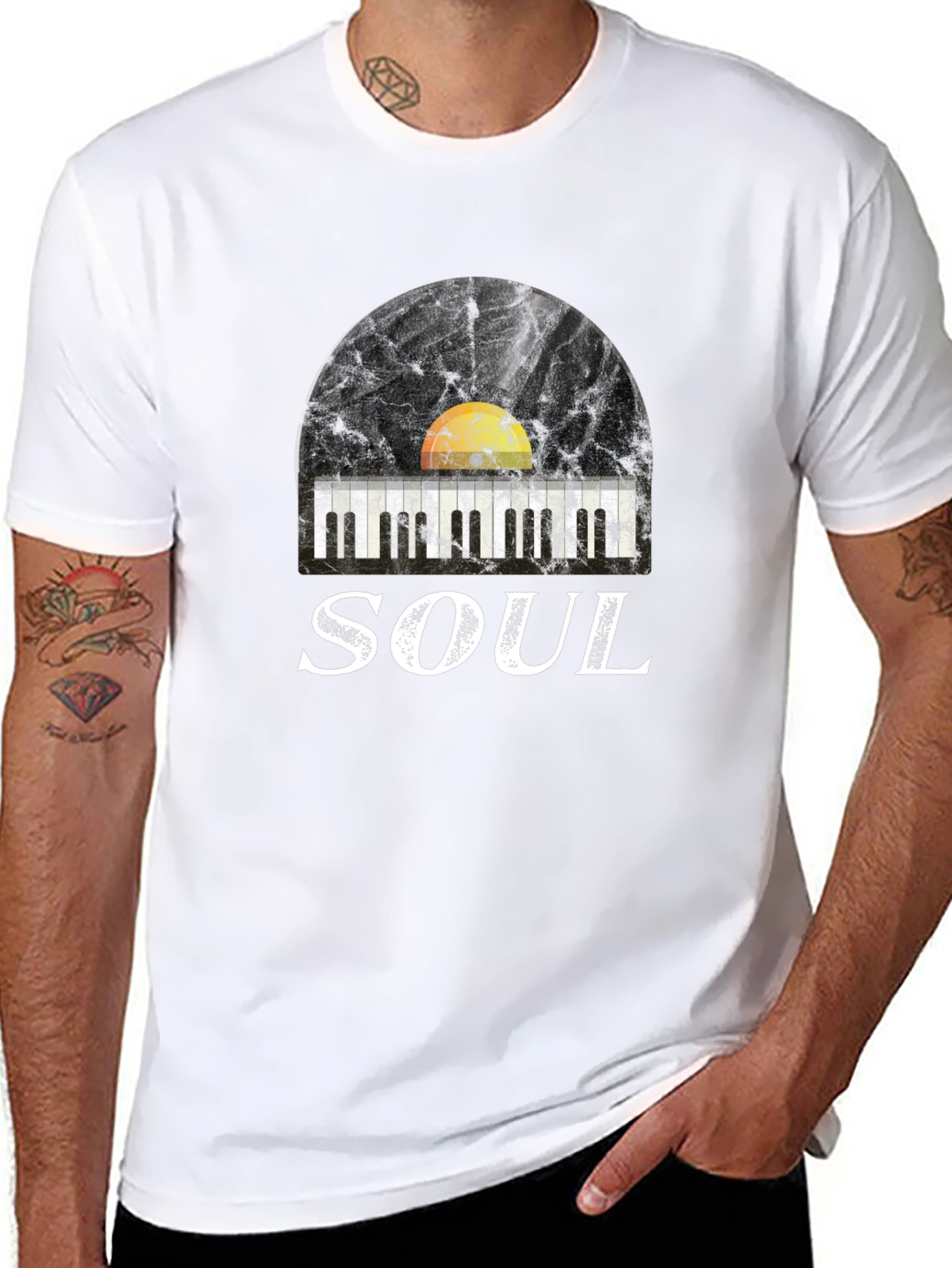 Soul Music Graphic Tee: Retro Vinyl & Piano Design