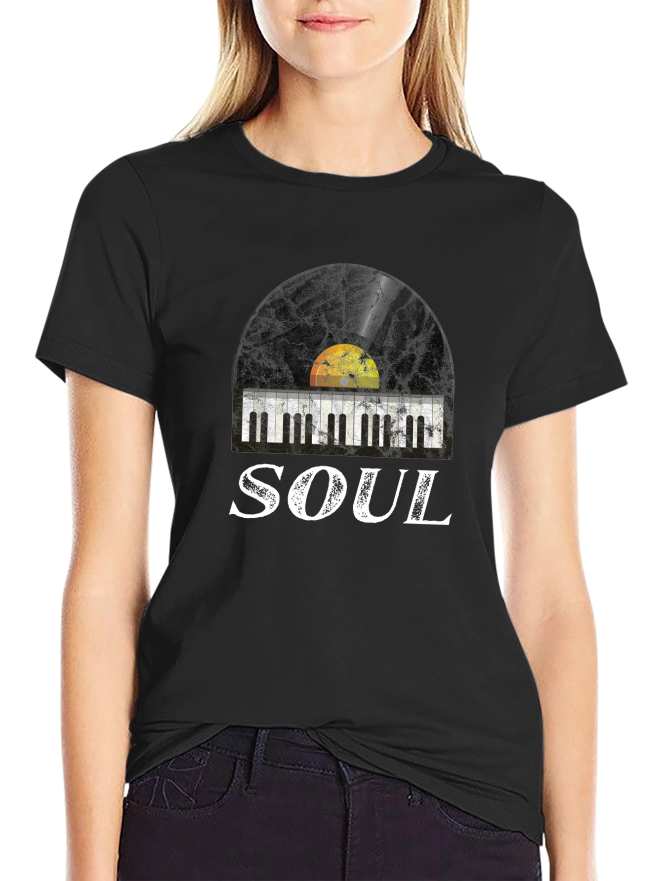 Soul Music Graphic Tee: Retro Vinyl & Piano Design