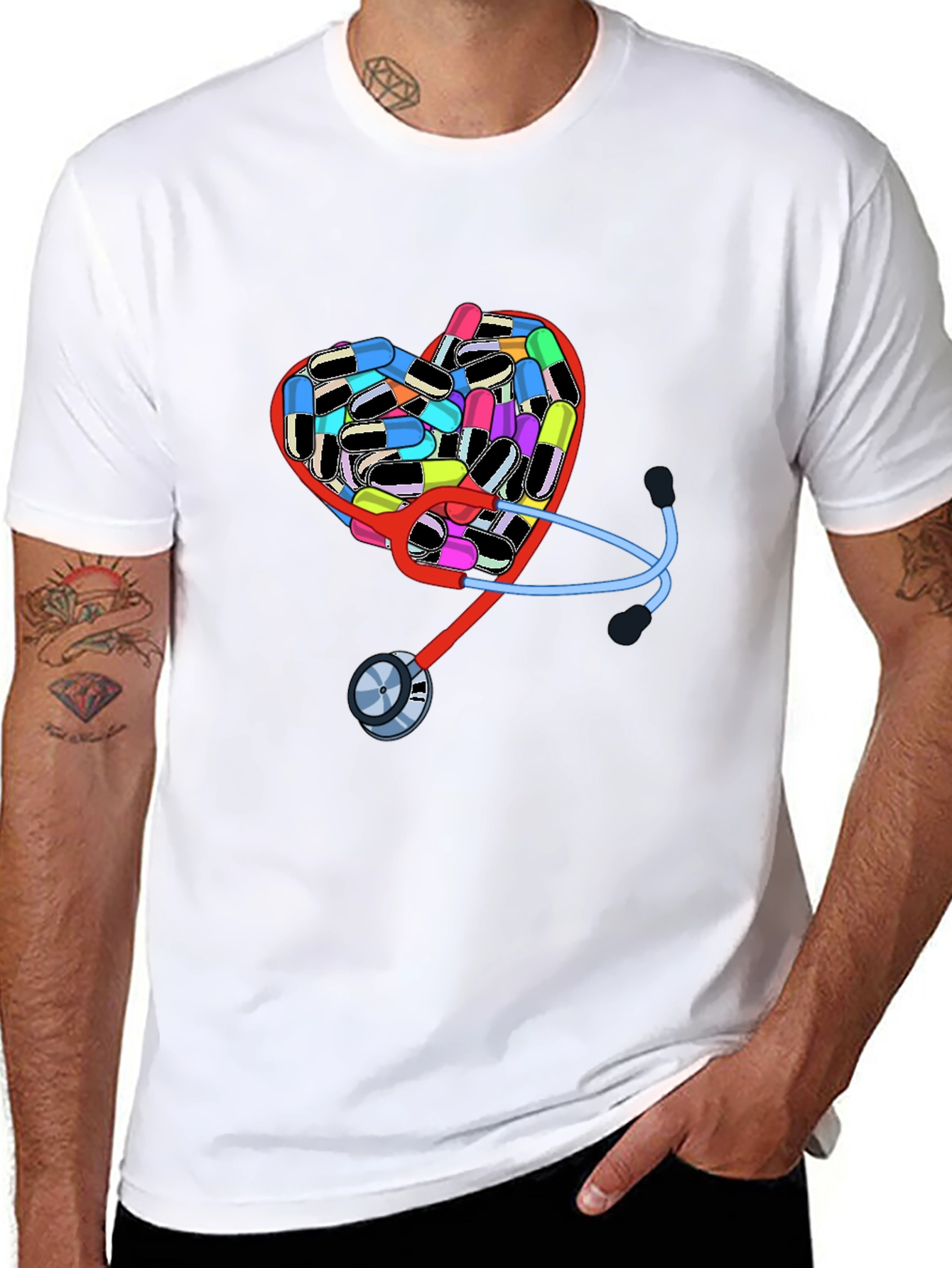 Heart Pills & Stethoscope Graphic T-Shirt