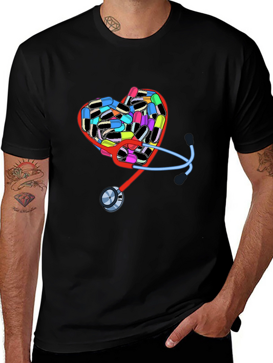 Heart Pills & Stethoscope Graphic T-Shirt