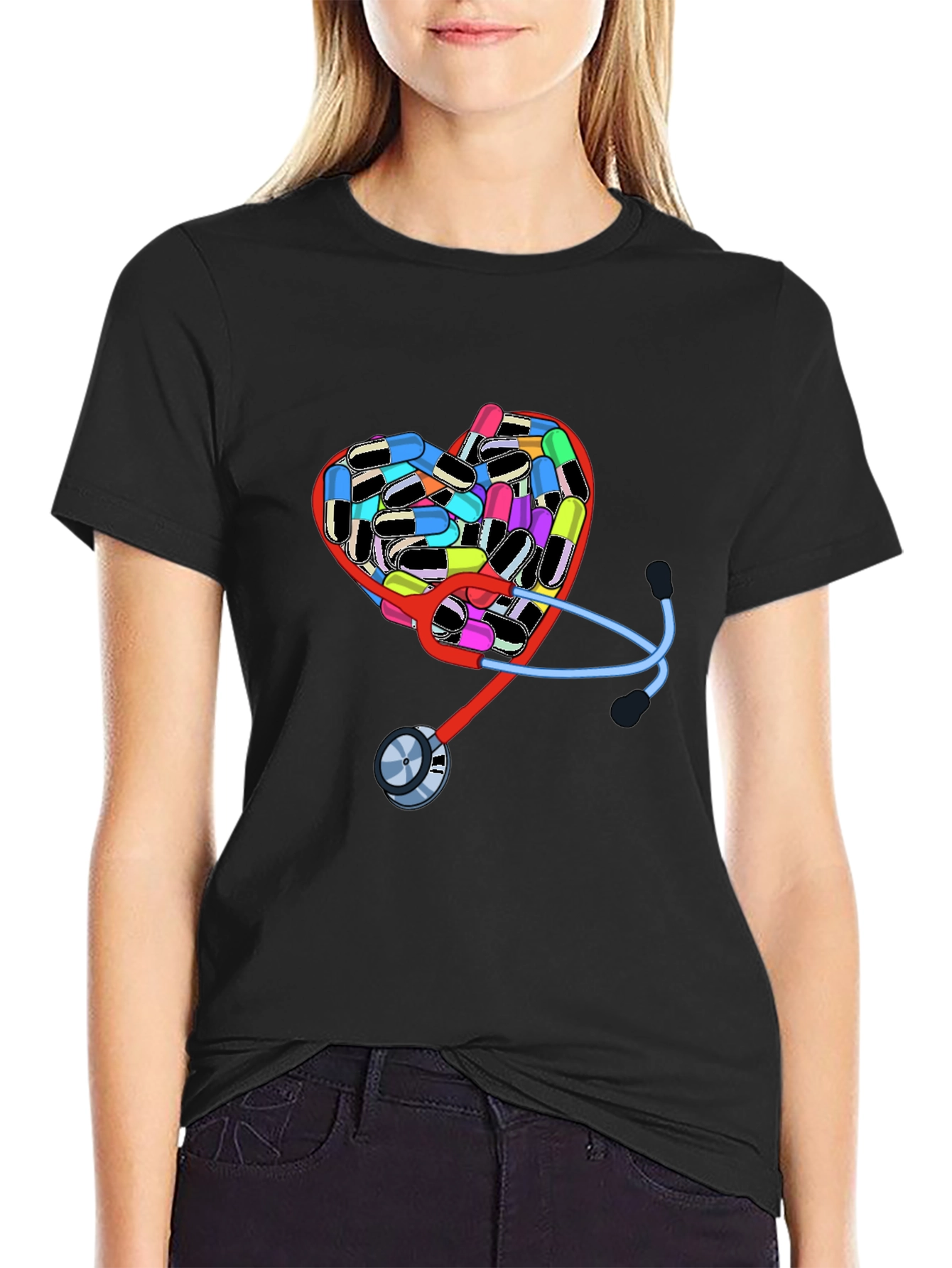Heart Pills & Stethoscope Graphic T-Shirt