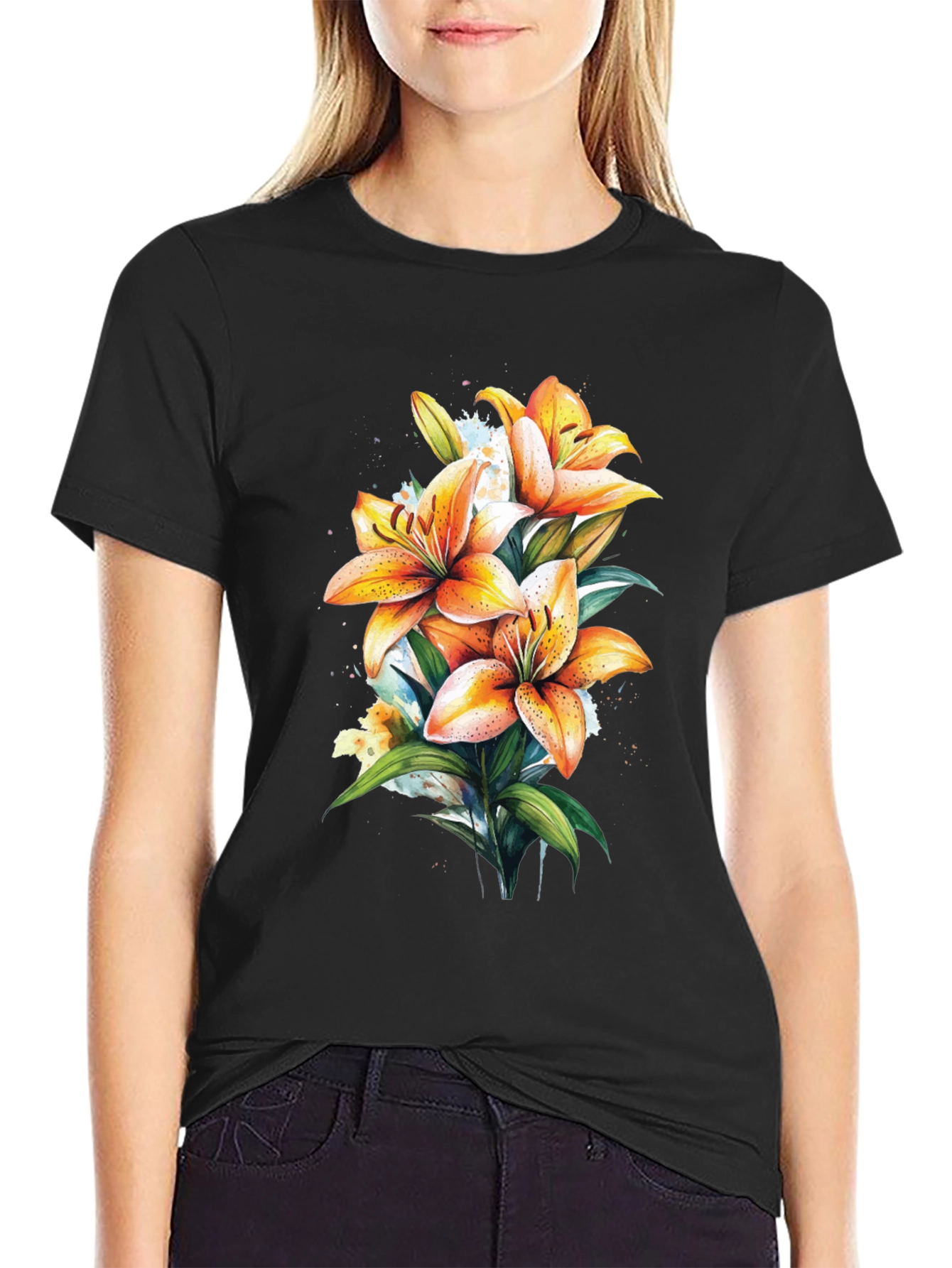 Floral Lily Graphic Tee - Trendy Black T-Shirt