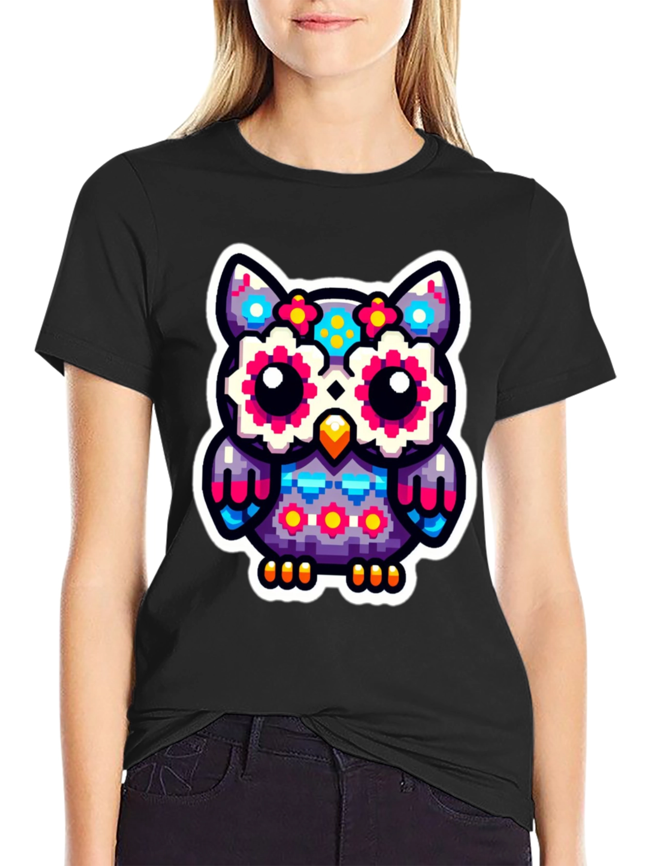 Pixel Owl Graphic Tee - Black Cotton Shirt