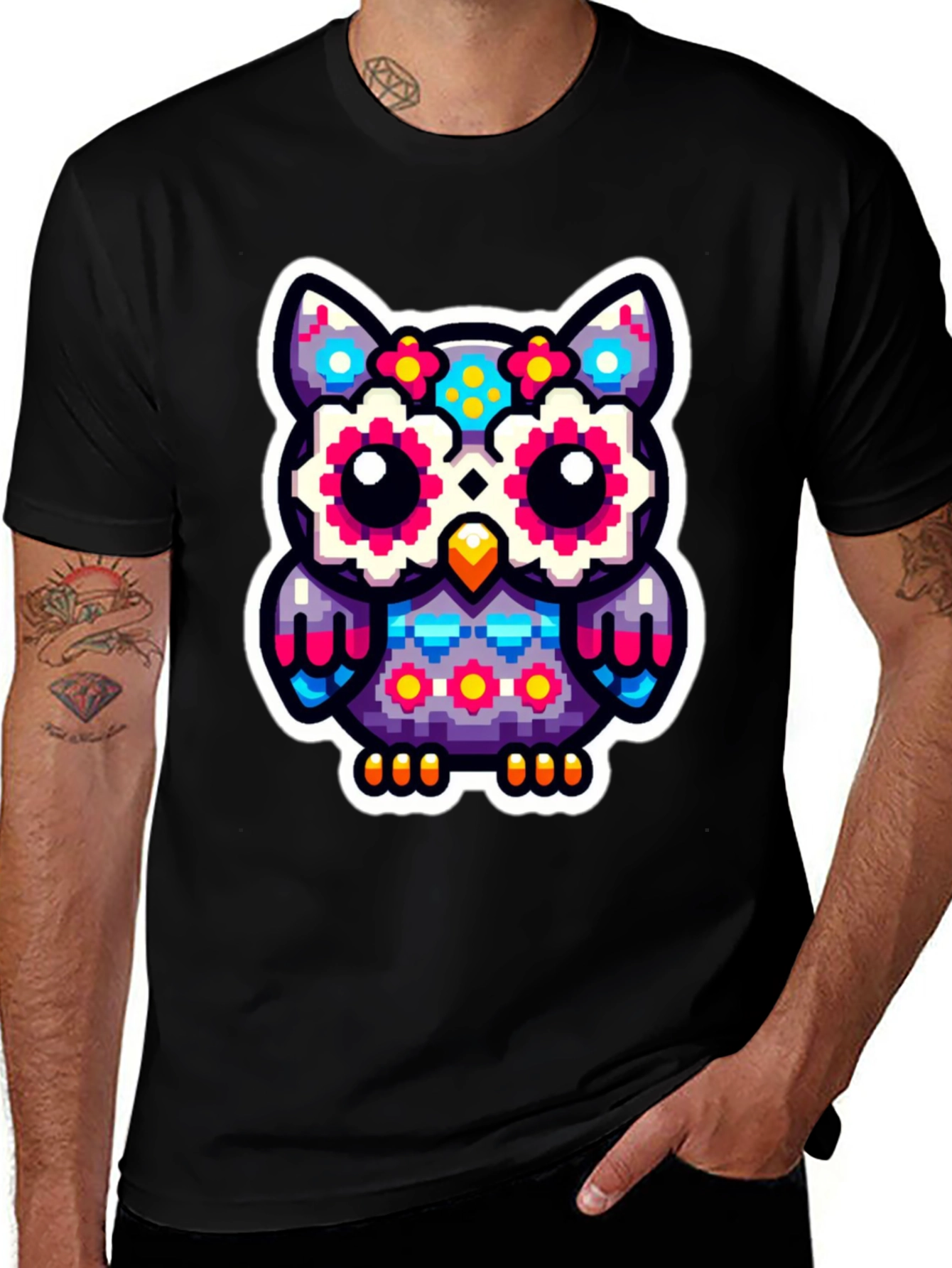 Pixel Owl Graphic Tee - Black Cotton Shirt