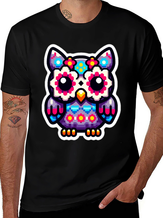 Pixel Owl Graphic Tee - Black Cotton Shirt