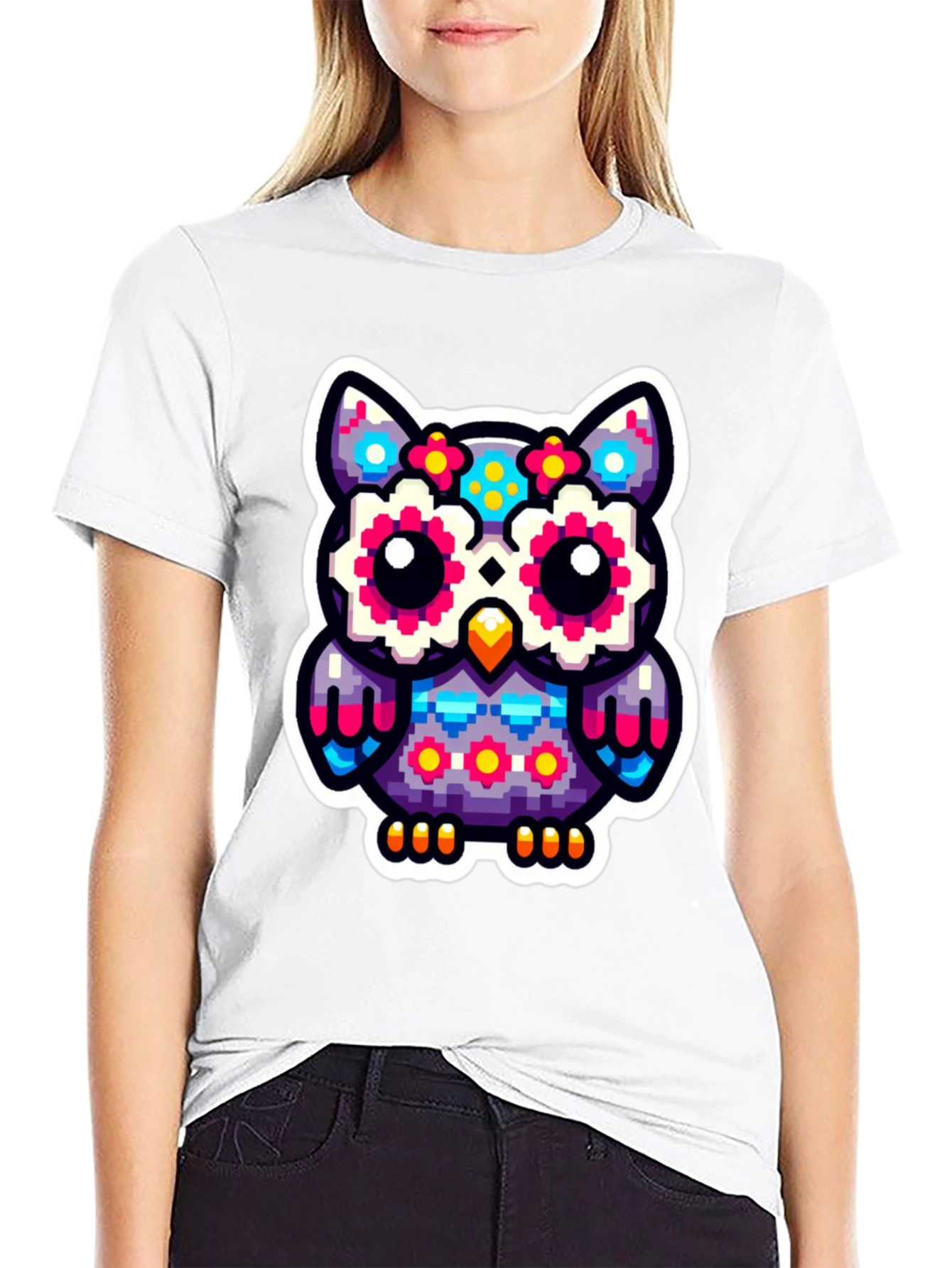 Pixel Owl Graphic Tee - Black Cotton Shirt