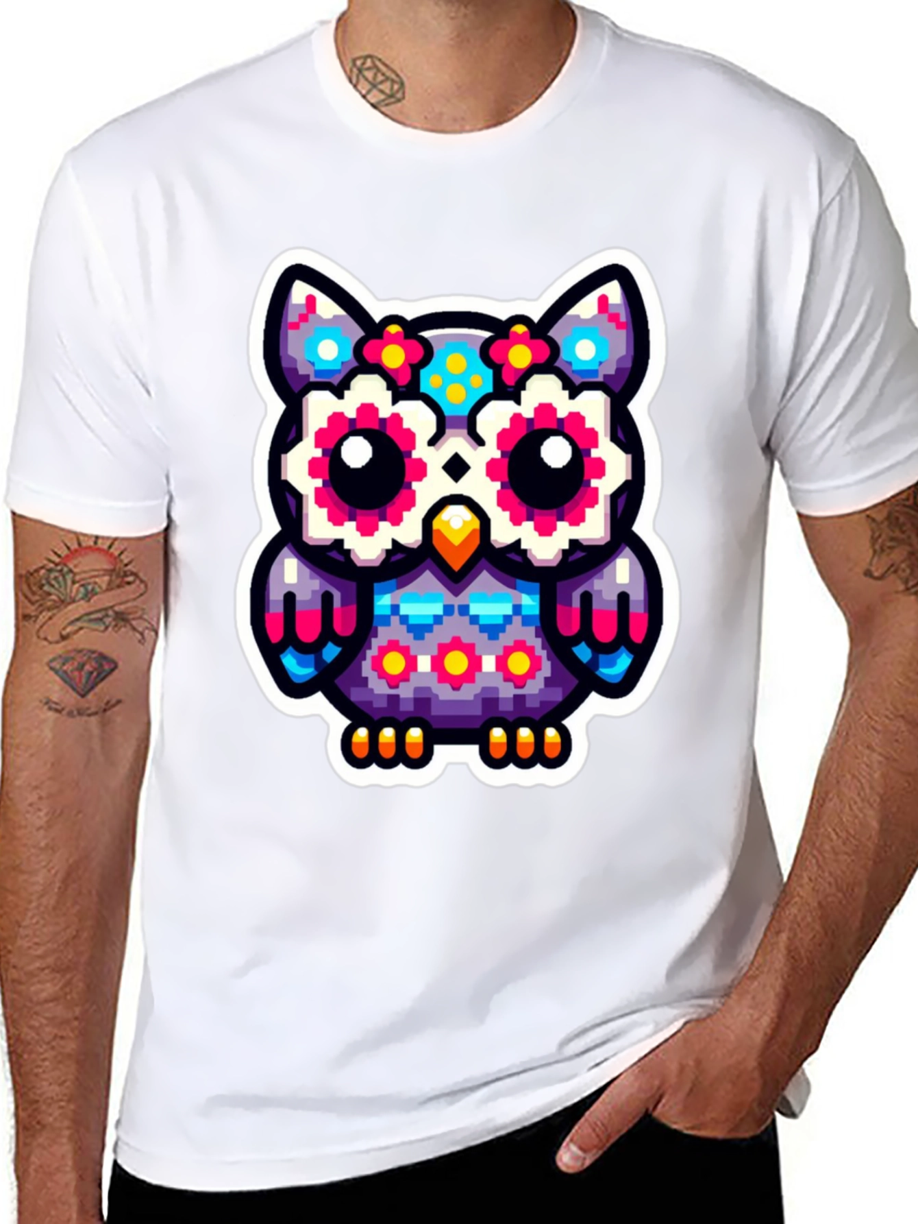 Pixel Owl Graphic Tee - Black Cotton Shirt